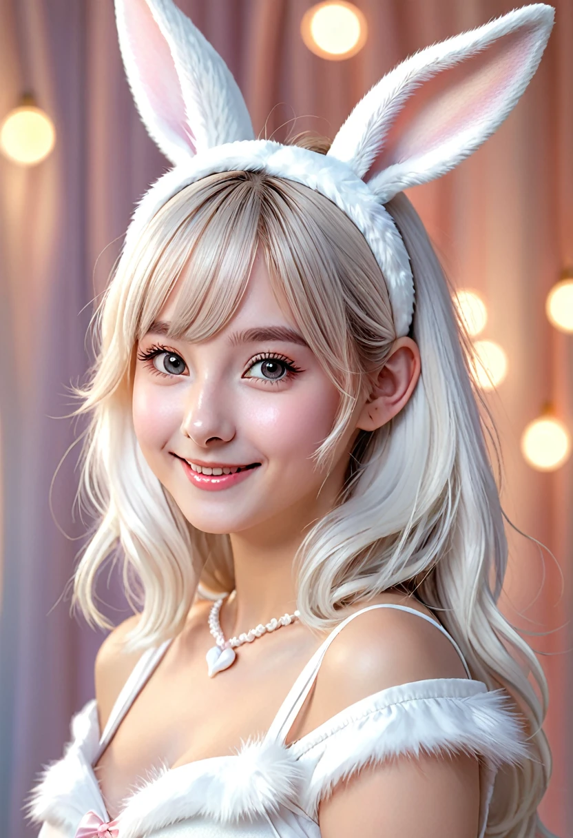 a rabbit-eared girl, 1girl, animal ear headband, cute, smiling, white rabbit ears, fluffy, white rabbit tail, pastel colors, delicate, soft lighting, ethereal, magical, fantasy, (best quality,4k,8k,highres,masterpiece:1.2),ultra-detailed,(realistic,photorealistic,photo-realistic:1.37)