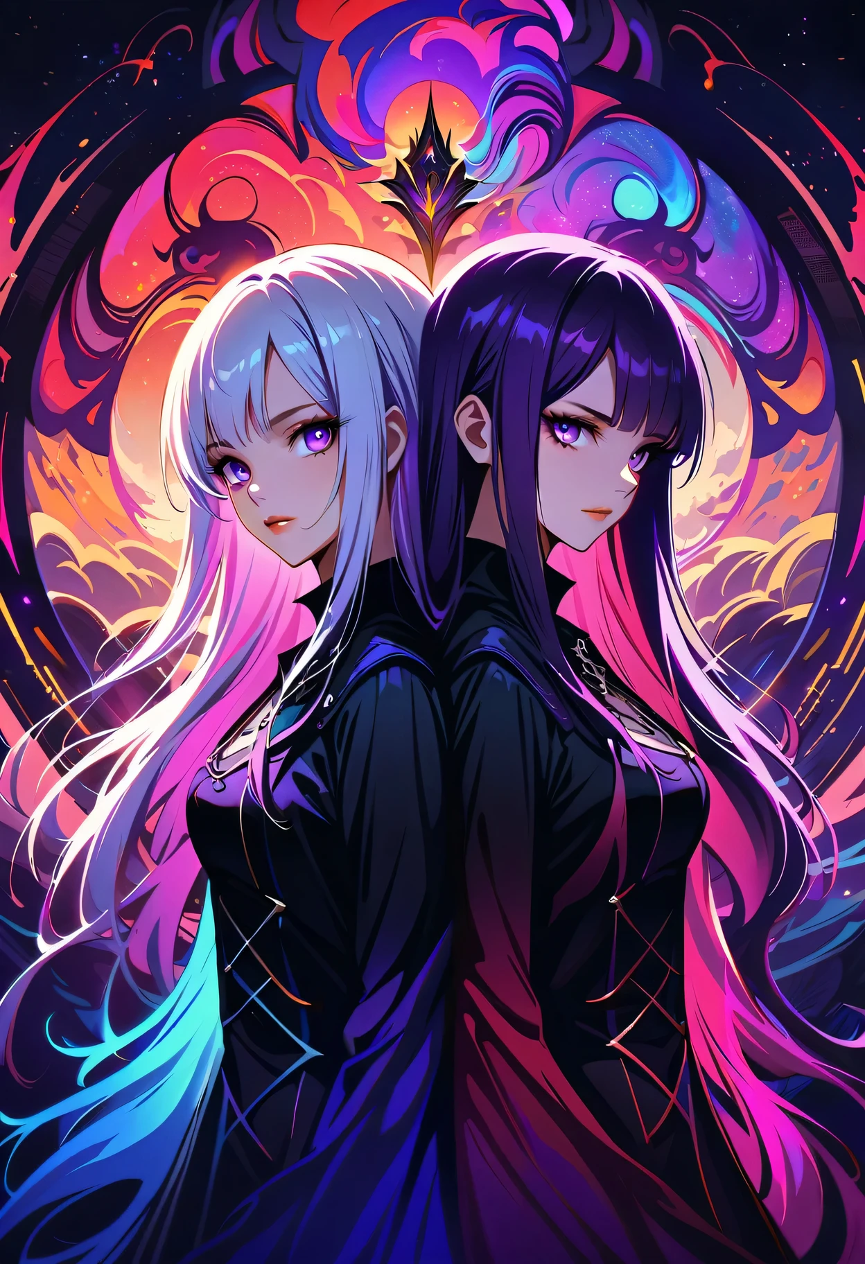 beautiful detailed eyes, beautiful detailed lips, extremely detailed eyes and face, long eyelashes, A couple Back-to-back, fractal art, yinji, purple hair, purple eyes, long hair, white hair, double braids, gradient hair, Gothic style clothing, dark fantasy, dramatic lighting, cinematic composition, highly detailed, 8k, best quality, award winning, dramatic atmosphere, chiaroscuro, Gothic, moody, mystical, ethereal Atmospheric, cosmic, Psychedelic, dreamlike, fear, abstract background: 1.5