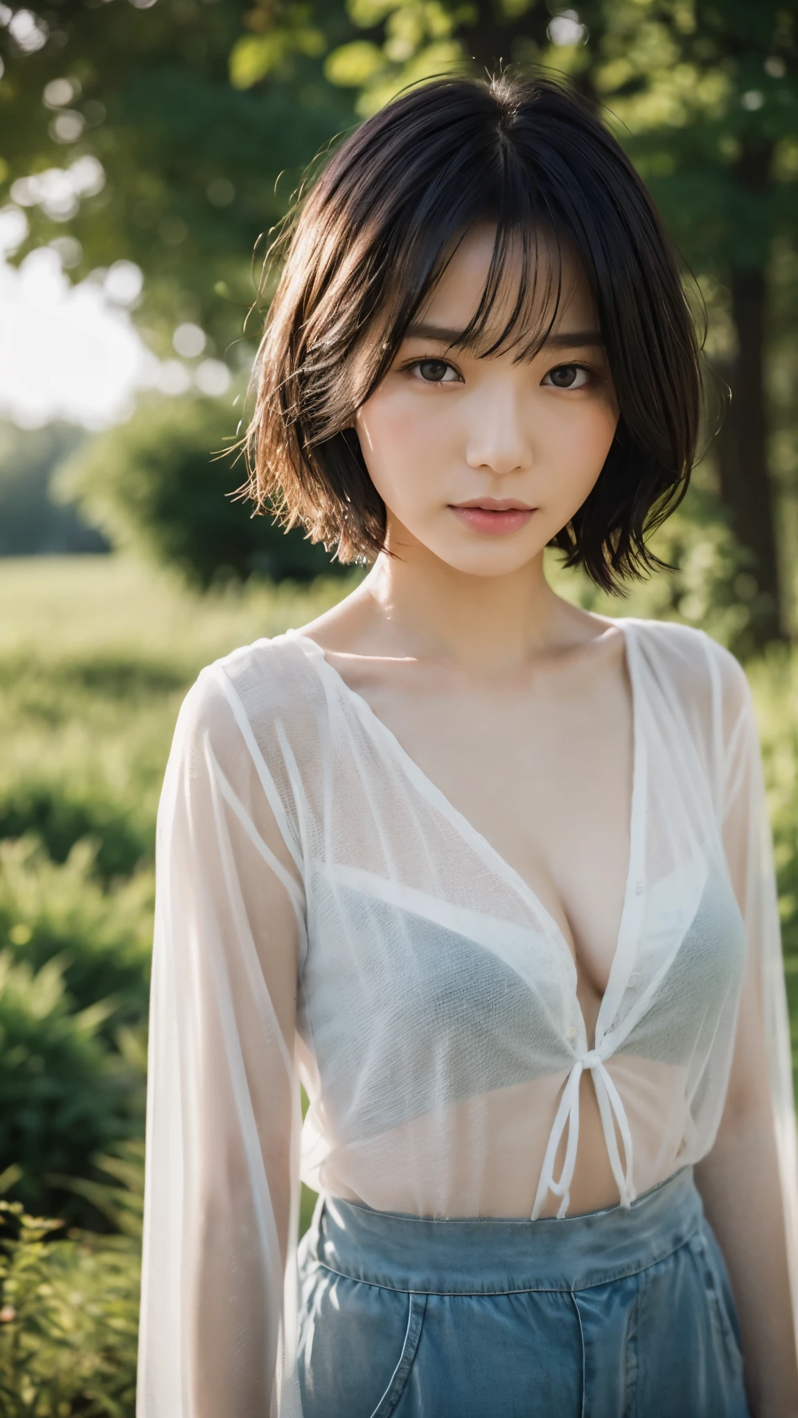 1girl,Sensual posture, beautiful, beautiful face, short hair, sexy idol gorgeous face, female model, nightgown, 19 years old, realistic young gravure idol, upright, sheer, see-through, short black hair, cute, outdoor,