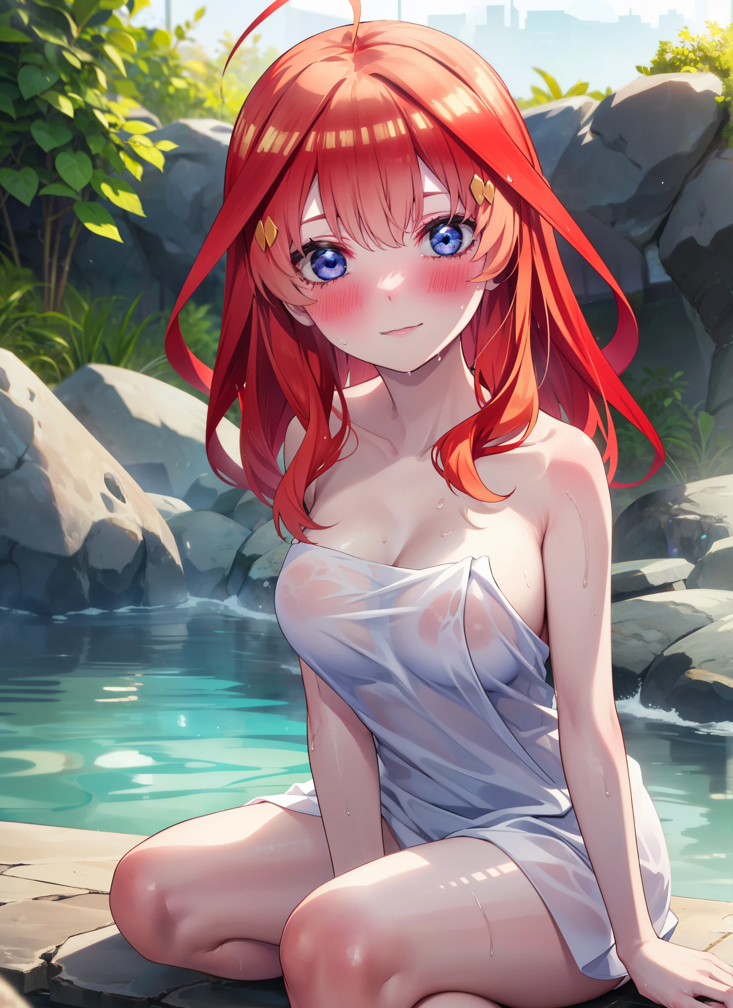 itsukinakano, Itsuki Nakano, bangs, blue eyes, Hair between the eyes, Ahoge, Redhead, smile,Big Breasts,Naked Towel,Hair Bun, single Hair Bun,
blush,smile, Wet Hair,Wet towel,Wet Naked,Open your mouth,Damp Hair,Completely naked,barefoot,Cover one's naked body with a bath towel,moon光,night,moon,whole bodyがイラストに入るように,Open-air bathから白い煙ががでている,hot water,
break outdoors, Open-air bath,
break looking at viewer, whole body,
break (masterpiece:1.2), highest quality, High resolution, unity 8k wallpaper, (figure:0.8), (Beautiful fine details:1.6), Highly detailed face, Perfect lighting, Highly detailed CG, (Perfect hands, Perfect Anatomy),