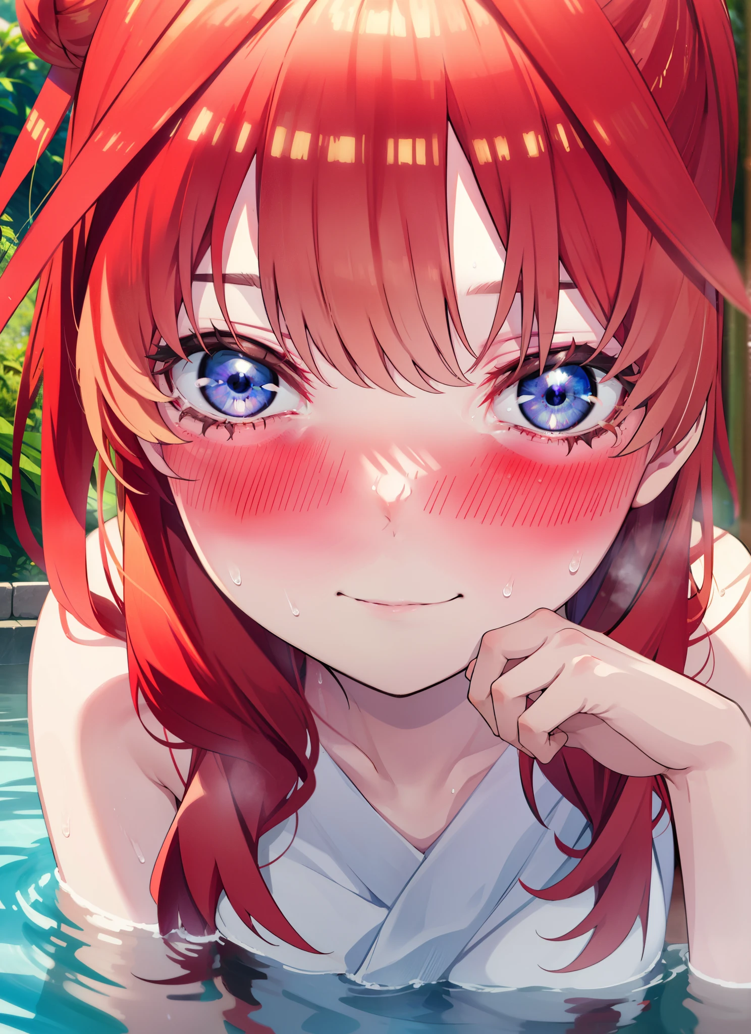 itsukinakano, Itsuki Nakano, bangs, blue eyes, Hair between the eyes, Ahoge, Redhead, smile,Big Breasts,Naked Towel,Hair Bun, single Hair Bun,
blush,smile, Wet Hair,Wet towel,Wet Naked,Open your mouth,Damp Hair,Completely naked,barefoot,Cover one&#39;s naked body with a bath towel,moon光,night,moon,whole bodyがイラストに入るように,Open-air bathから白い煙ががでている,hot water,
break outdoors, Open-air bath,
break looking at viewer, whole body,
break (masterpiece:1.2), highest quality, High resolution, unity 8k wallpaper, (figure:0.8), (Beautiful fine details:1.6), Highly detailed face, Perfect lighting, Highly detailed CG, (Perfect hands, Perfect Anatomy),