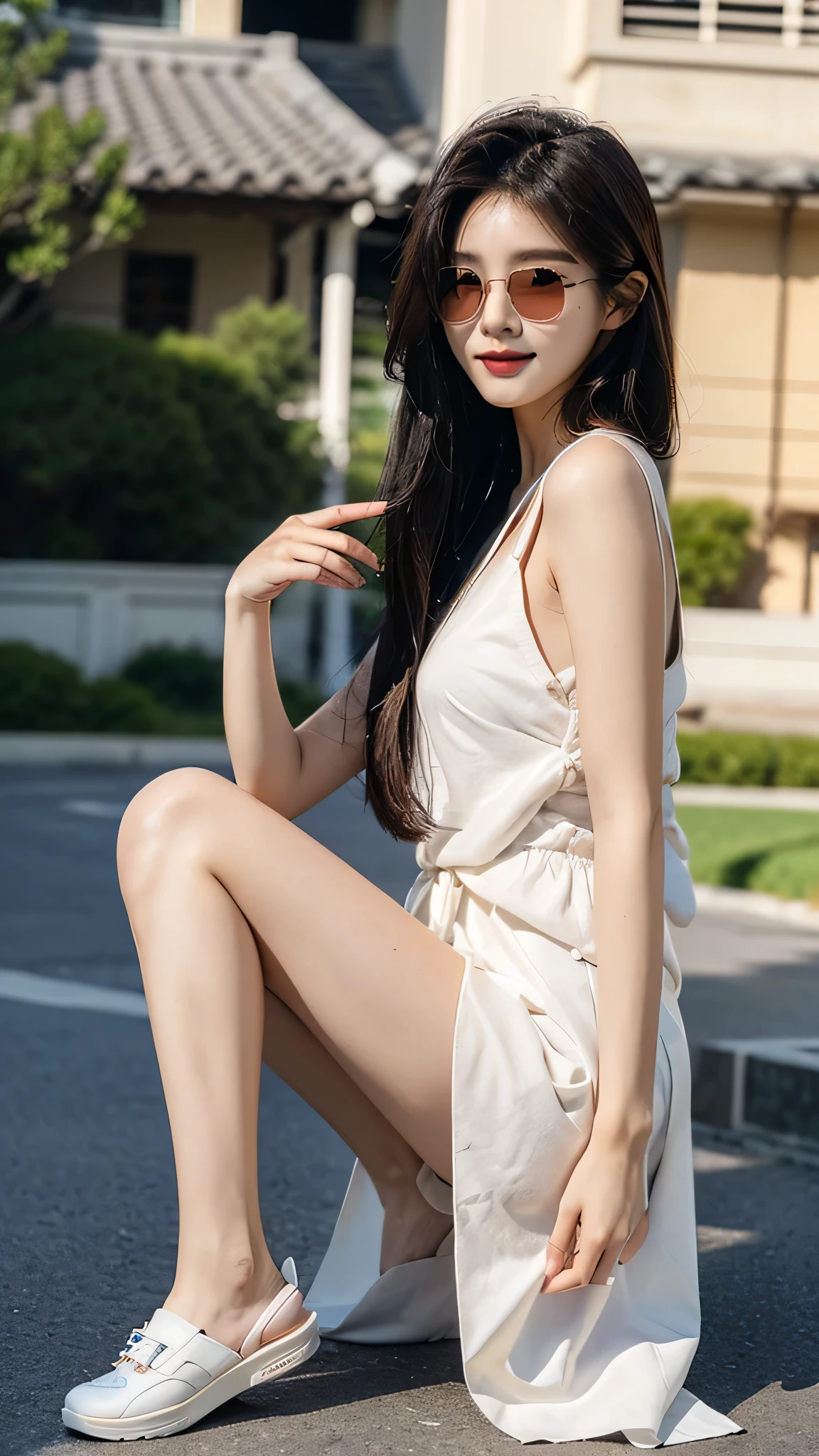 masterpiece、top-quality)、1 beautiful girl、((Wearing black sunglasses )), (Detailed beautiful eyes), ((Detailed skin)) , ((Detailed medium hair)), in the white villa、((Boyish Brown Medium Hair))、((Smaller face))、((Neutral face))、((Face seen from the side))、((Light brown eyes))、((Korean Girl))、((18year old))、((cool lady))、((A shy smile on his face))、((Korean Makeup))、((elongated and sharp eyes))、((Happy dating))、((boyish))、((Shot from the same height as your face)、full body , RAW photos, on the white villa ), ((CG rendering)), ((Blurred background)), ((16K)), ((Very detailed)), ((wallpaper)), ((depth of field)), ((movie light)), (( Ray tracing)).
