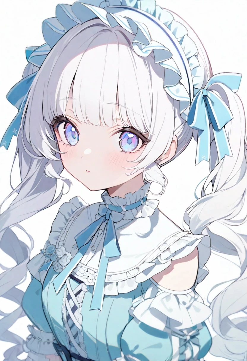 1girl,solo,white hair,long twintail,perm twintails, light blue eyes,white and light blue ****ta fashion,light blue ribbon,white ribon,****ta head dress,****ta fashion,hihg resolution,high quality,pastel colors,white background,
