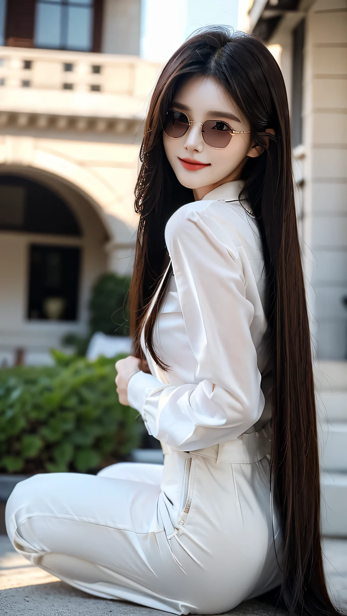masterpiece、top-quality)、1 beautiful girl、((Wearing black sunglasses )), (Detailed beautiful eyes), ((Detailed skin)) , ((Detailed medium hair)), in the white villa、((Boyish Brown Medium Hair))、((Smaller face))、((Neutral face))、((Face seen from the side))、((Light brown eyes))、((Korean Girl))、((18year old))、((cool lady))、((A shy smile on his face))、((Korean Makeup))、((elongated and sharp eyes))、((Happy dating))、((boyish))、((Shot from the same height as your face)、full body , RAW photos, on the white villa ), ((CG rendering)), ((Blurred background)), ((16K)), ((Very detailed)), ((wallpaper)), ((depth of field)), ((movie light)), (( Ray tracing)).