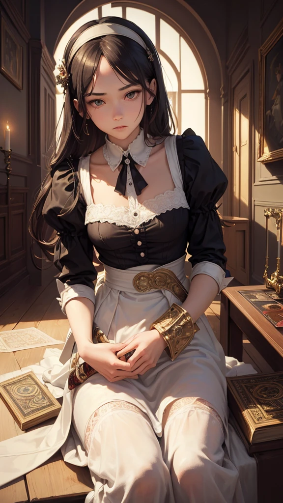 (Masterpiece, Masterpiece), Tarot Cards, Cards, (Delicate Facial Features), female maid, headband, Sword, Sitting on a Man's lap, Serious Expression, 8K, Intricate Details, (Digital Works of Art)