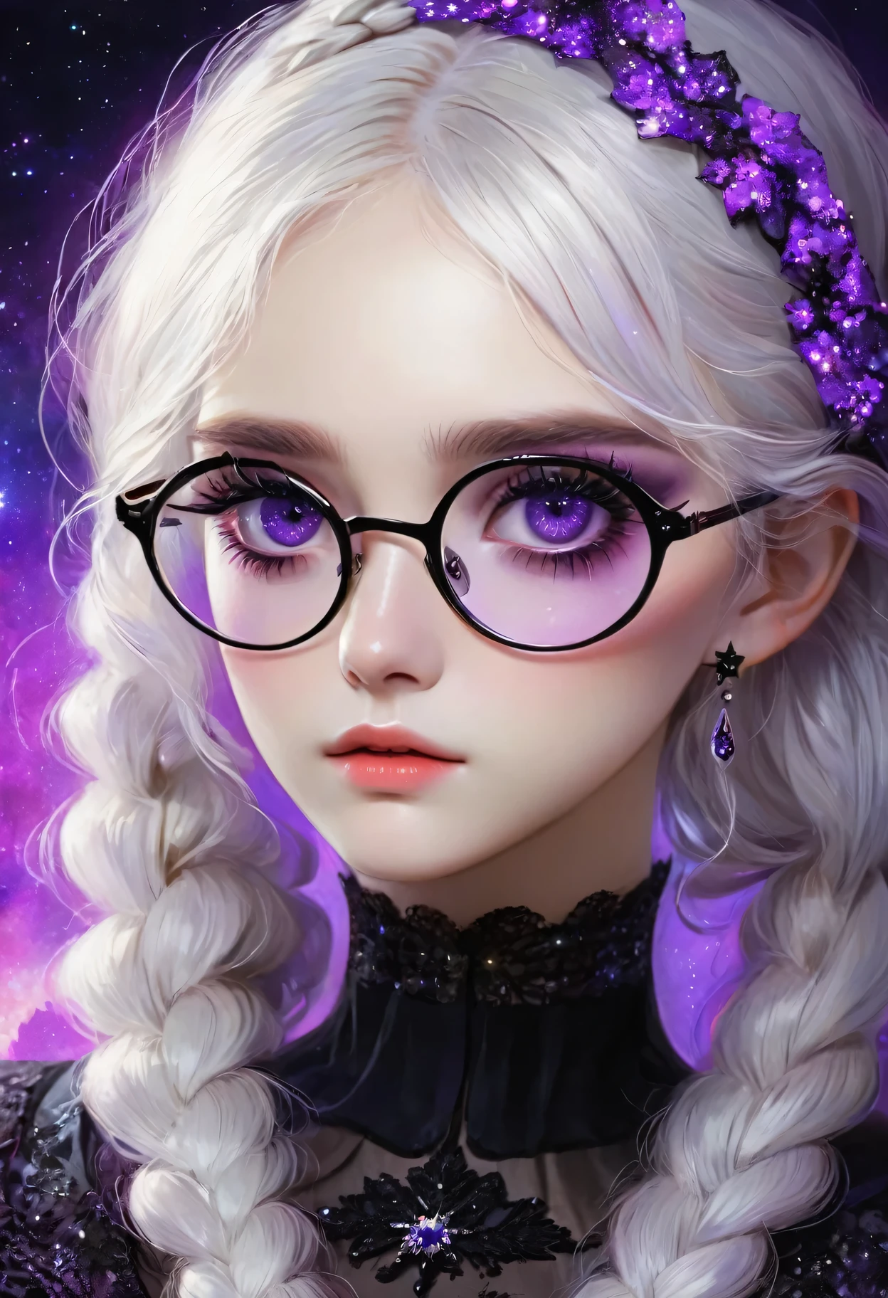 rough texture,Hand drawn style:Beautiful and delicate eyes,Beautiful and delicate lips,Extremely detailed eyes and face,Long eyelashes,A couple standing back to back,Fractal Art,yinji,Purple Hair,Purple Eyes,Long hair,White hair,Double braid,Gradient hair,Gothic style clothing,Dark Fantasy,Dramatic lighting,Composition,Theatrical atmosphere,Chiaroscuro,Gothic,Melancholy,mystery,Ethereal atmosphere,universe,Psychedelic,dream,fear,Milky Way, Night sky, Round glasses, Star,