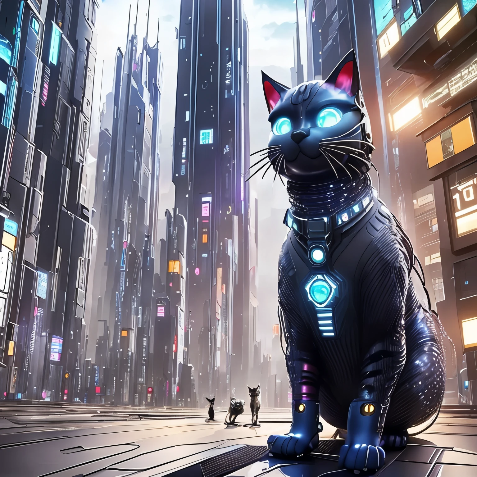 A realistic cute cyber cat, 1cat, solo, futuristic city in the background