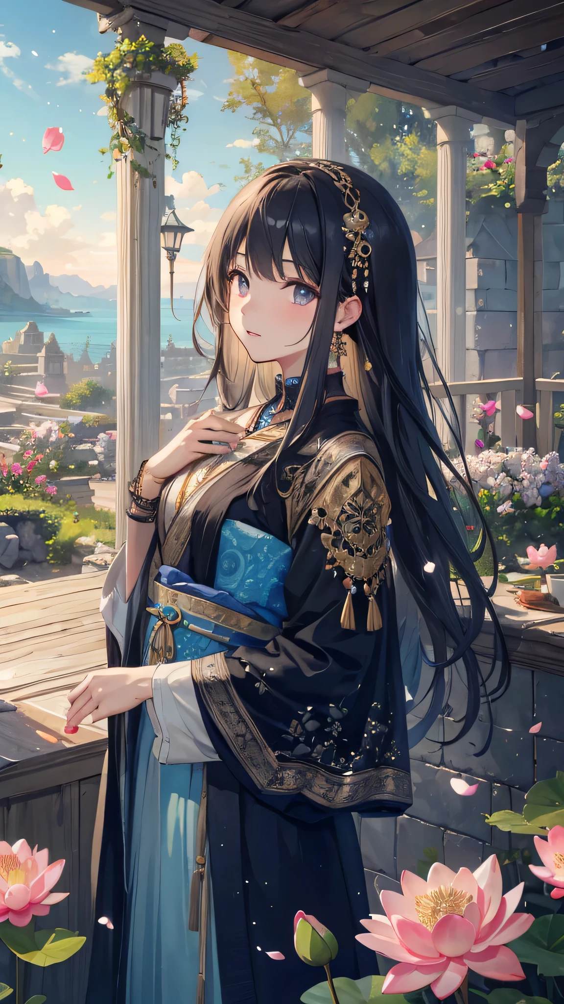 The original,(Implications:1.1),(Best quality),(masterpiece:1.1),(Extremely detailed CG Unity 8K wallpaper),(a color:1.2),Welcome,Break,Ancient costume,Best quality,extremely detailed jewelry,lotus petals,landscape,Rios|purely,