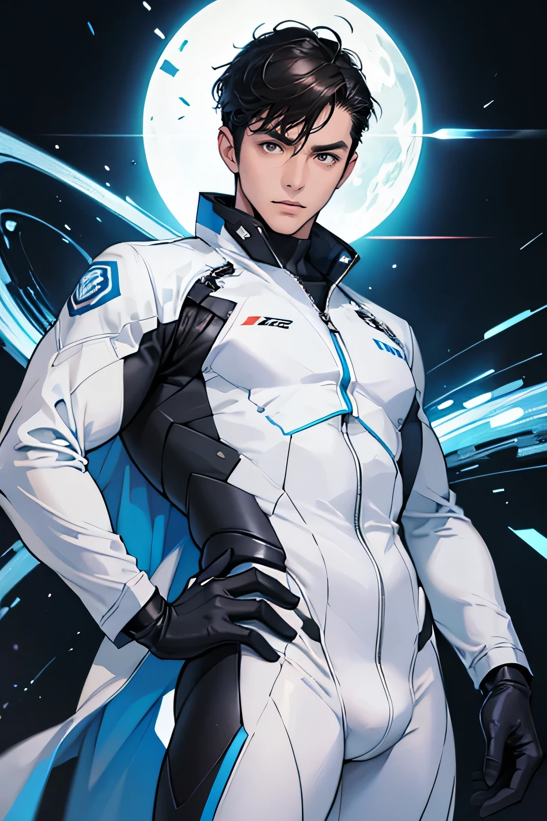 Handsome man, 28 years old, cyborg, Japanese Brown Eyes future universe Science fiction The background is the galaxy universe A very tight white and blue rubber suit Plug Suit Gloves looking at the camera White bulge Very short, cropped black hair scinece magazim cover magazim cove