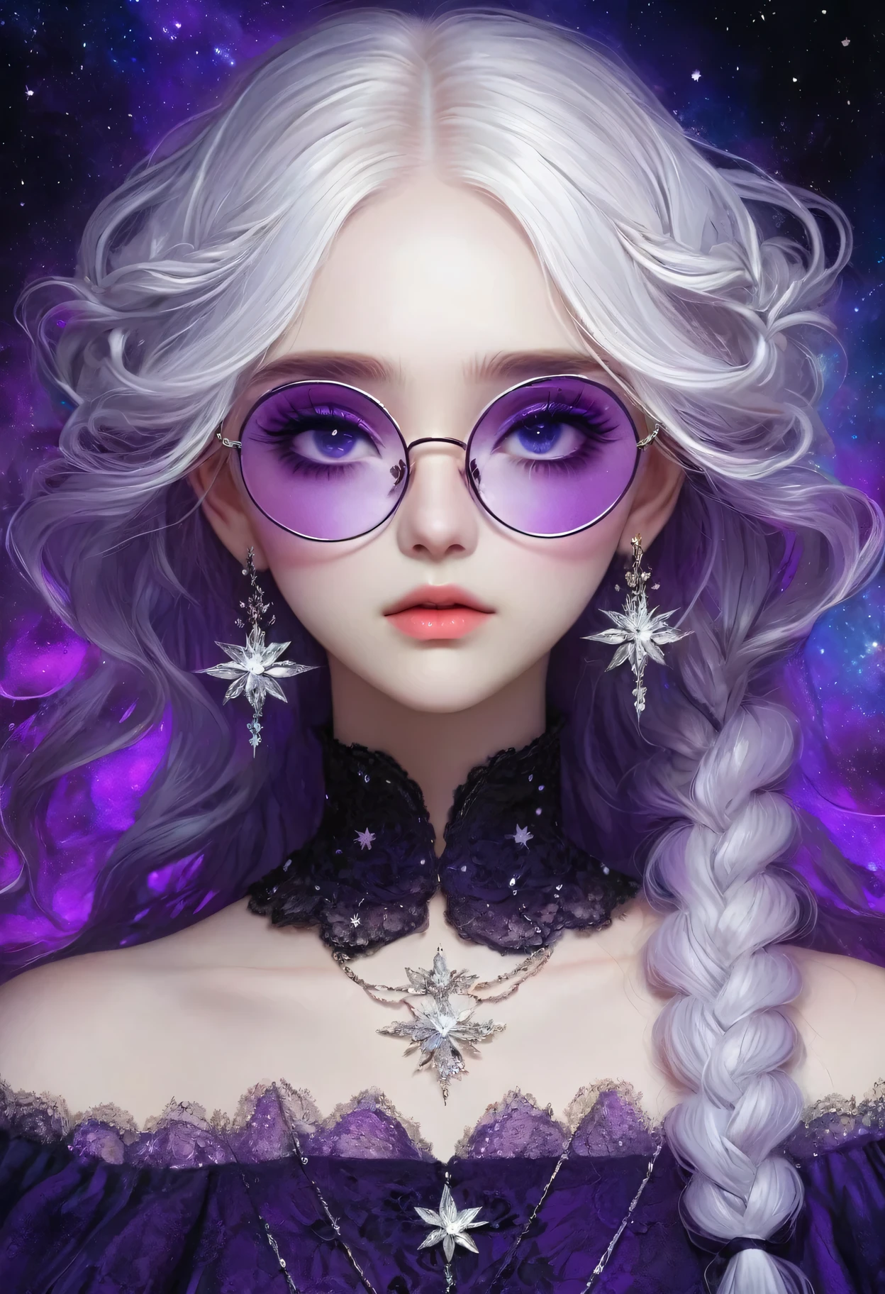 rough texture,Hand drawn style:Beautiful and delicate eyes,Beautiful and delicate lips,Extremely detailed eyes and face,Long eyelashes,A couple standing back to back,Fractal Art,yinji,Purple Hair,Purple Eyes,Long hair,White hair,Double braid,Gradient hair,Gothic style clothing,Dark Fantasy,Dramatic lighting,Composition,Theatrical atmosphere,Chiaroscuro,Gothic,Melancholy,mystery,Ethereal atmosphere,universe,Psychedelic,dream,fear,Milky Way, Night sky, Round glasses, Star,