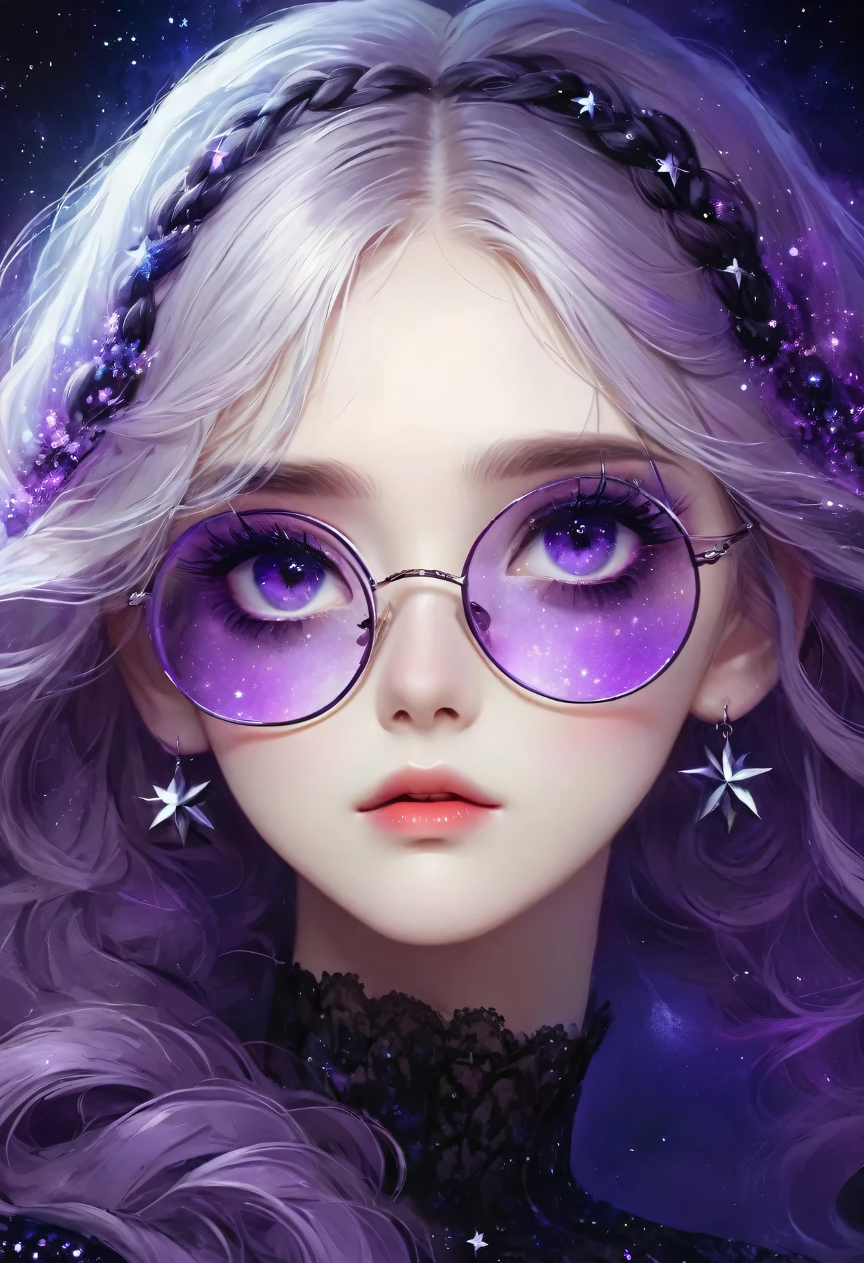 rough texture,Hand drawn style:Beautiful and delicate eyes,Beautiful and delicate lips,Extremely detailed eyes and face,Long eyelashes,A couple standing back to back,Fractal Art,yinji,Purple Hair,Purple Eyes,Long hair,White hair,Double braid,Gradient hair,Gothic style clothing,Dark Fantasy,Dramatic lighting,Composition,Theatrical atmosphere,Chiaroscuro,Gothic,Melancholy,mystery,Ethereal atmosphere,universe,Psychedelic,dream,fear,Milky Way, Night sky, Round glasses, Star,