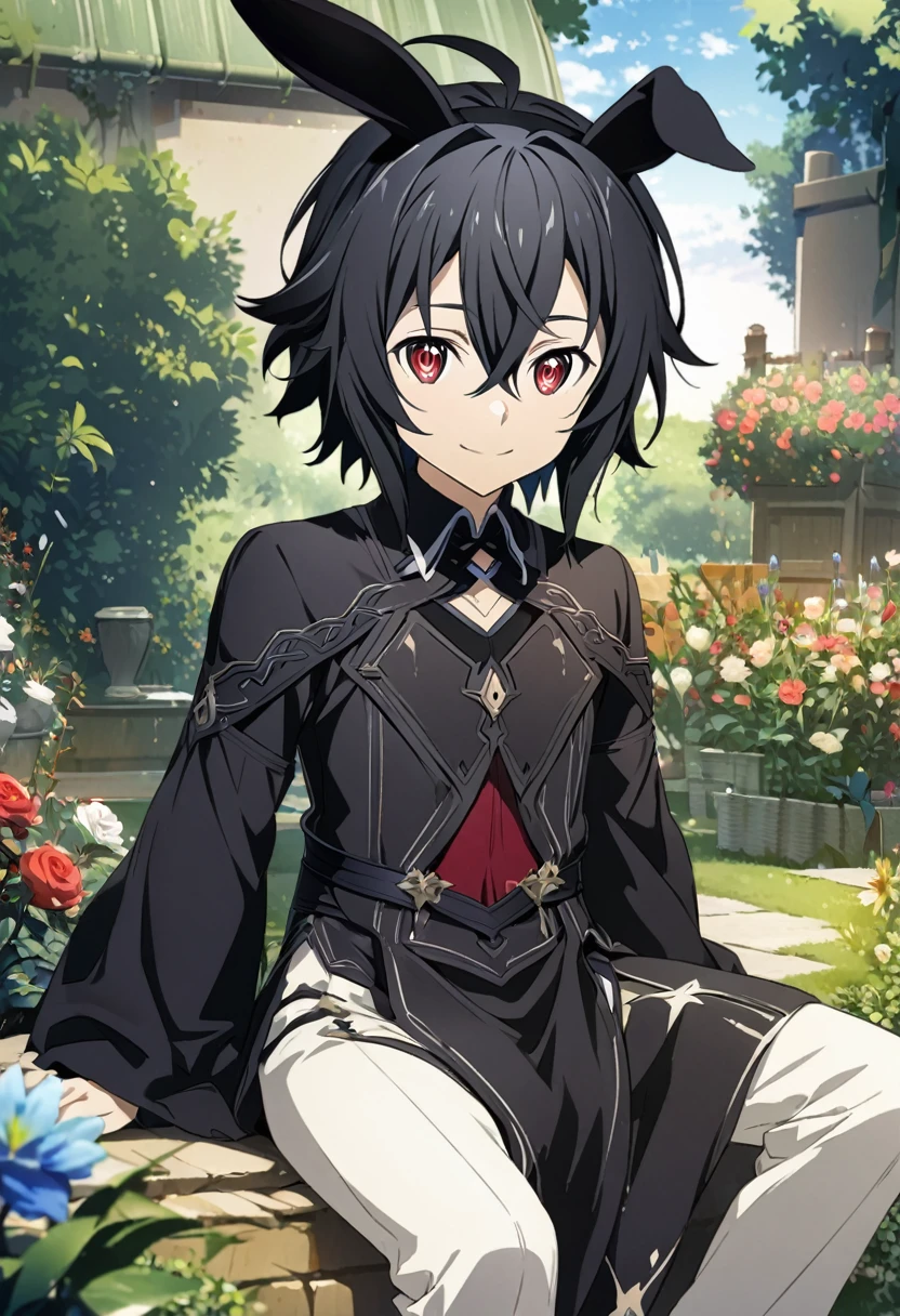 Hyakuya Mikaela \(Sword Art Online\), short black hair, ruby red eyes:1.2, dark costume, bangs, gentle smile, black bunny ears, ((ultra-detailed)), ((illustration)), ((neat hair)), (beautiful detailed eyes), male, 1boy, sitting, ((garden, sky)), looking at viewer