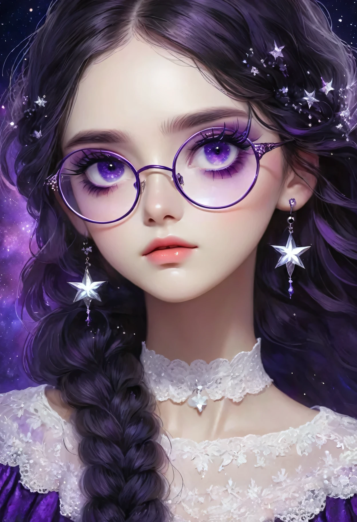 rough texture,Hand drawn style:Beautiful and delicate eyes,Beautiful and delicate lips,Extremely detailed eyes and face,Long eyelashes,A girl,Fractal Art,yinji,Purple Hair,Purple Eyes,Long hair,Double braid,Gradient hair,Gothic style clothing,Dark Fantasy,Dramatic lighting,Composition,Theatrical atmosphere,Chiaroscuro,Gothic,Melancholy,mystery,Ethereal atmosphere,universe,Psychedelic,dream,fear,Milky Way, Night sky, Round glasses, Star,