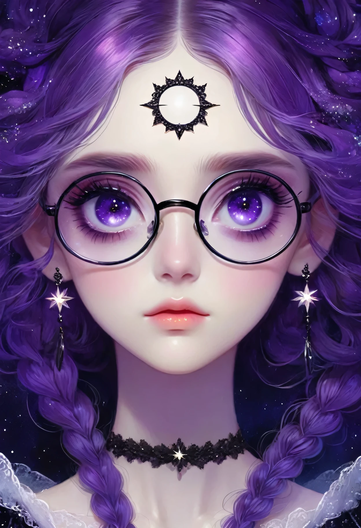 rough texture,Hand drawn style:Beautiful and delicate eyes,Beautiful and delicate lips,Extremely detailed eyes and face,Long eyelashes,A girl,Fractal Art,yinji,Purple Hair,Purple Eyes,Long hair,Double braid,Gradient hair,Gothic style clothing,Dark Fantasy,Dramatic lighting,Composition,Theatrical atmosphere,Chiaroscuro,Gothic,Melancholy,mystery,Ethereal atmosphere,universe,Psychedelic,dream,fear,Milky Way, Night sky, Round glasses, Star,