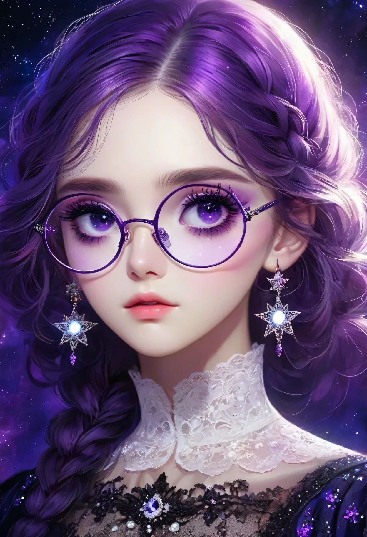 rough texture,Hand drawn style:Beautiful and delicate eyes,Beautiful and delicate lips,Extremely detailed eyes and face,Long eyelashes,A girl,Fractal Art,yinji,Purple Hair,Purple Eyes,Long hair,Double braid,Gradient hair,Gothic style clothing,Lace,Dark Fantasy,Dramatic lighting,cinematic composition, ,Theatrical atmosphere,Chiaroscuro,Gothic,Melancholy,mystery,Ethereal atmosphere,universe,Psychedelic,dream,fear,Milky Way, Night sky, Round glasses, Star,
