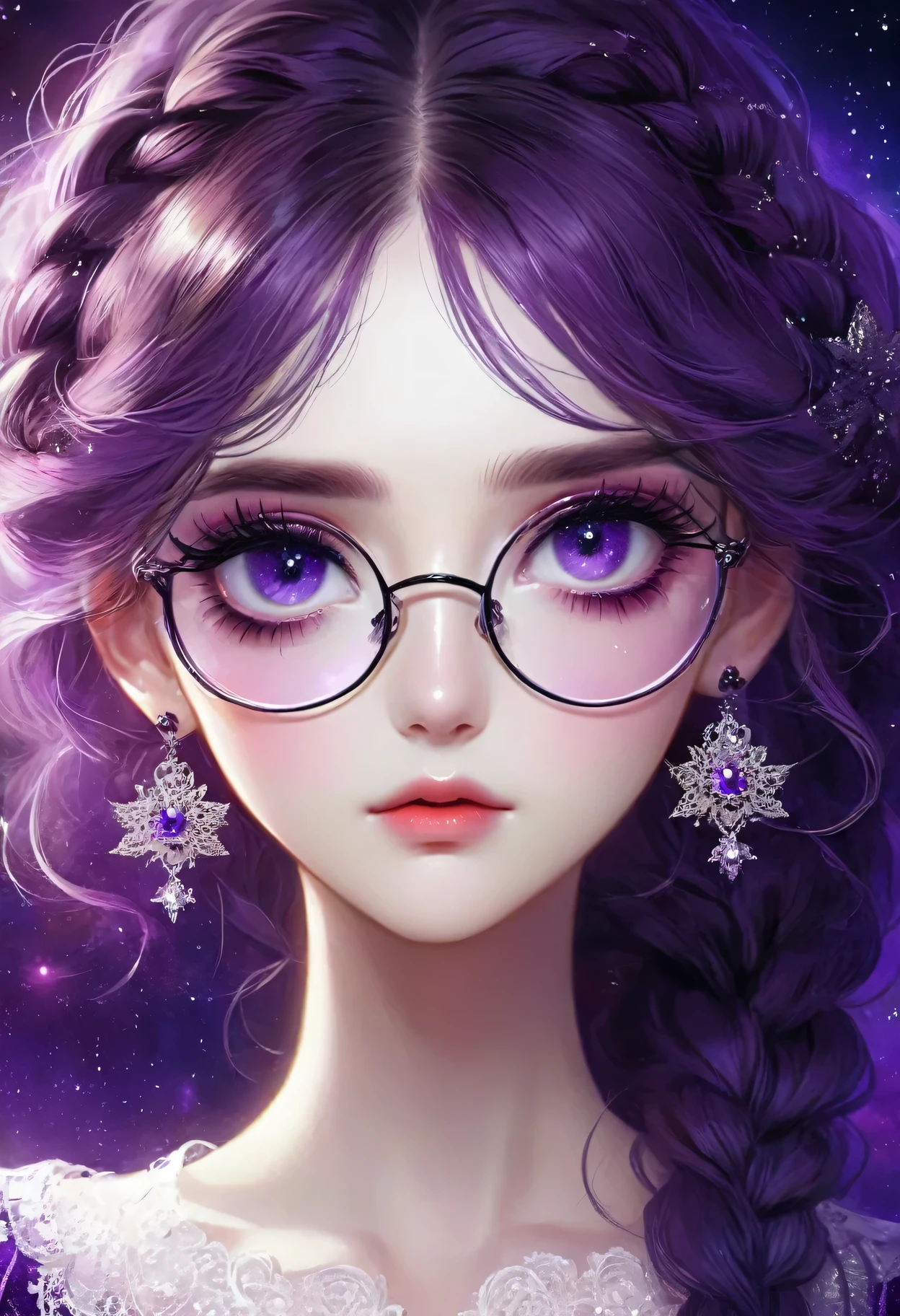 rough texture,Hand drawn style:Beautiful and delicate eyes,Beautiful and delicate lips,Extremely detailed eyes and face,Long eyelashes,A girl,Fractal Art,yinji,Purple Hair,Purple Eyes,Long hair,Double braid,Gradient hair,Gothic style clothing,Lace,Dark Fantasy,Dramatic lighting,cinematic composition, ,Theatrical atmosphere,Chiaroscuro,Gothic,Melancholy,mystery,Ethereal atmosphere,universe,Psychedelic,dream,fear,Milky Way, Night sky, Round glasses, Star,