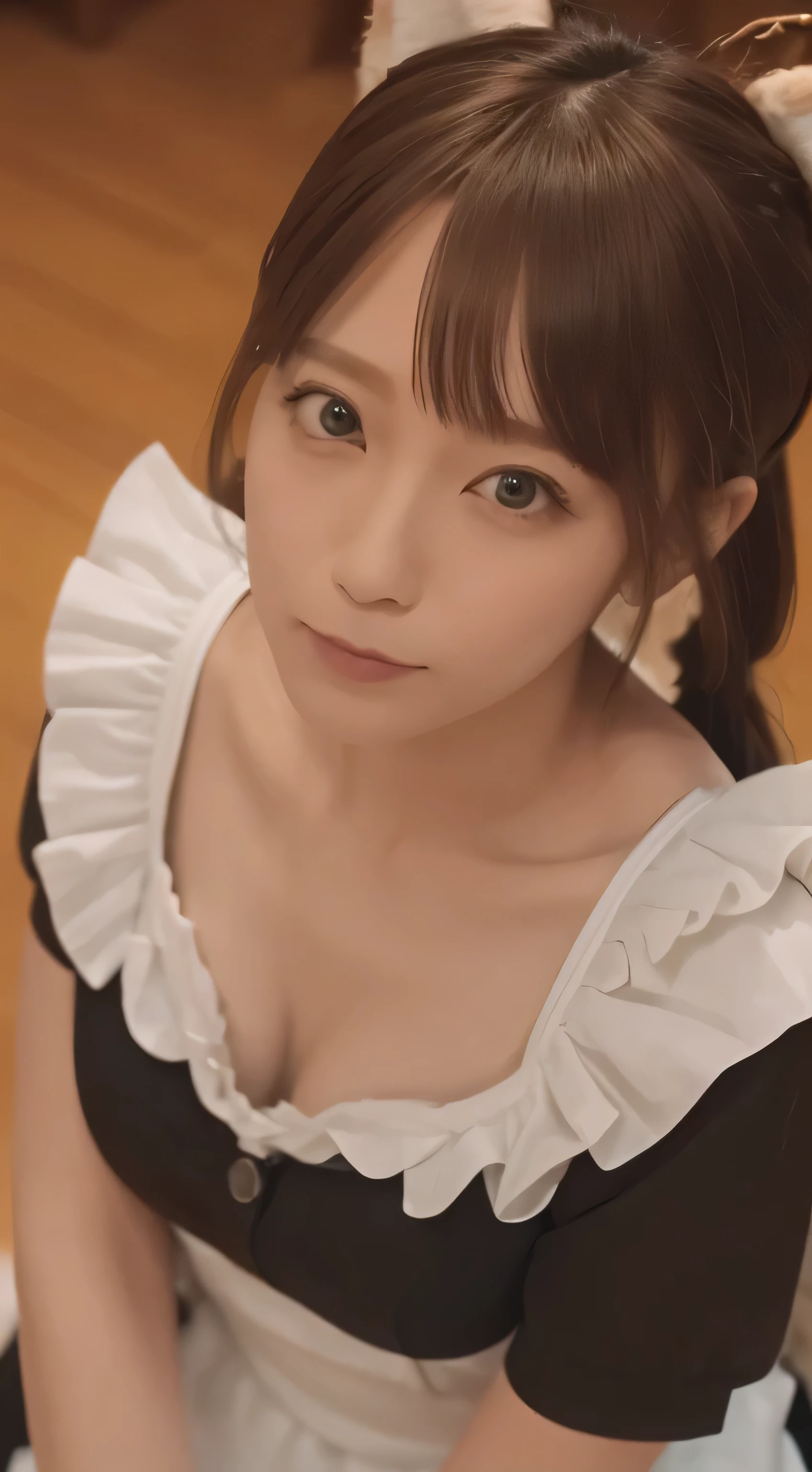 Tabletop, highest quality, shape, Very detailed, In detail, High resolution, 8k wallpaper, Perfect dynamic composition, ((close:1.3, From above, View your audience)), Beautiful details , (Wearing cotton maid clothes, , Cute Ruffle Girl Dress, Maid's headband, Base color is white、black、green),Twin tails