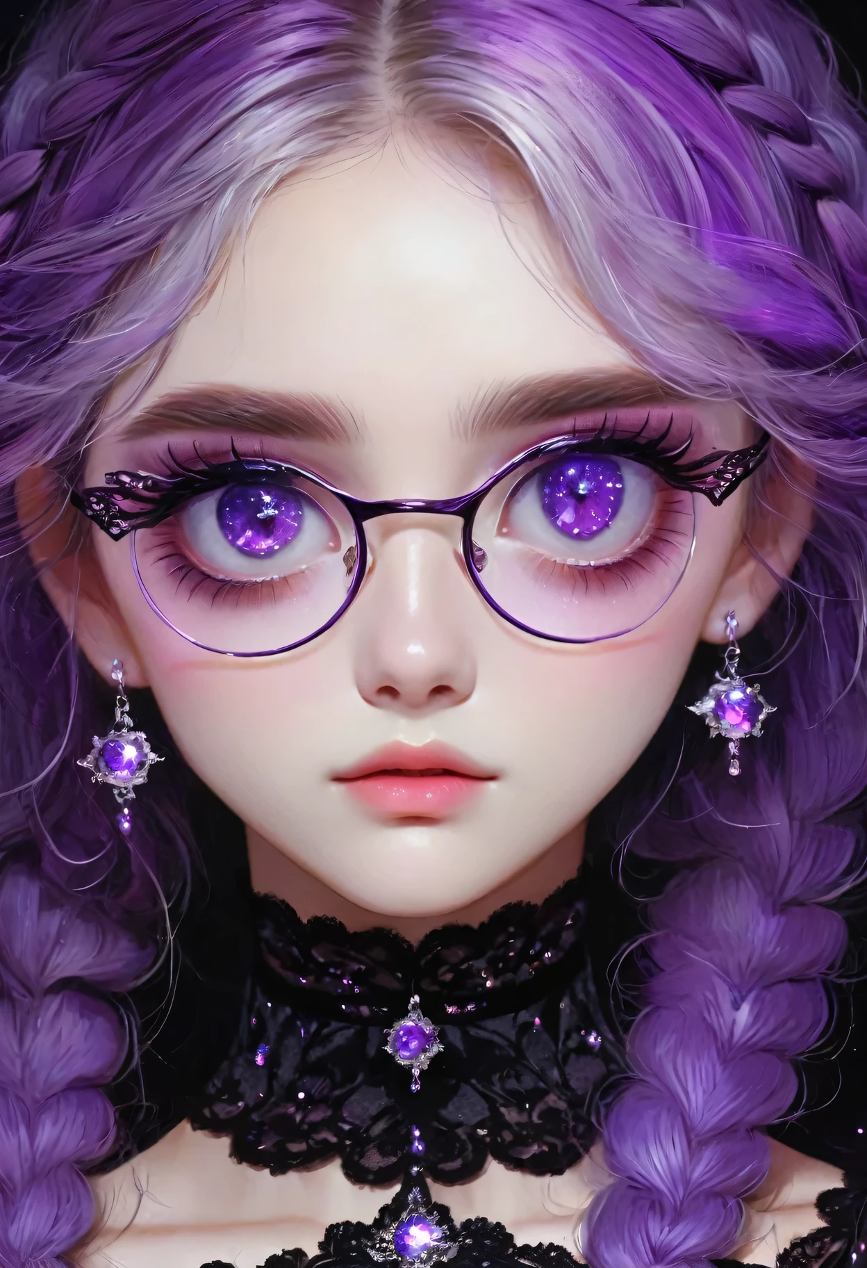 rough texture,Hand drawn style:Beautiful and delicate eyes,Beautiful and delicate lips,Extremely detailed eyes and face,Long eyelashes,A girl,Fractal Art,yinji,Purple Hair,Purple Eyes,Long hair,Double braid,Gradient hair,Gothic style clothing,Lace,Dark Fantasy,Dramatic lighting,cinematic composition, ,Theatrical atmosphere,Chiaroscuro,Gothic,Melancholy,mystery,Ethereal atmosphere,universe,Psychedelic,dream,fear,Milky Way, Night sky, Round glasses, Star,