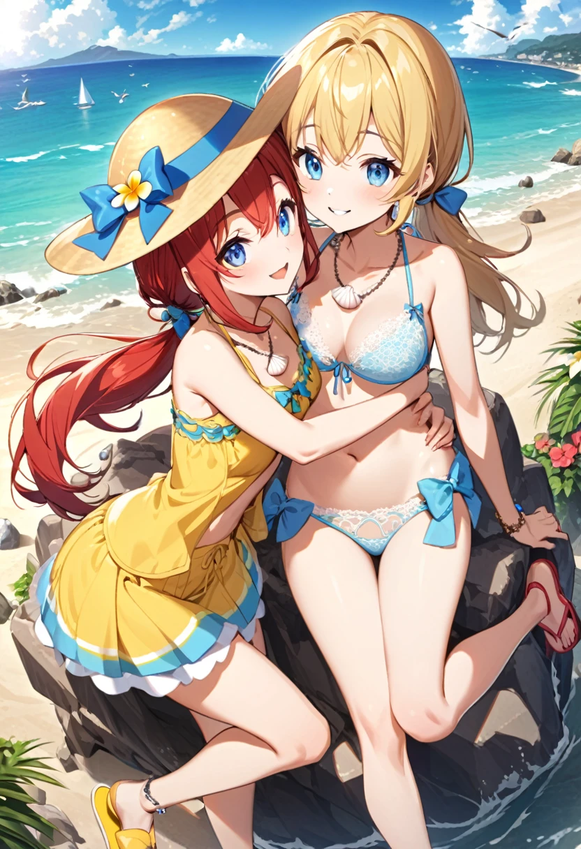 Girl with red hair, long ponytail, blue eyes, wearing a lace bikini with a blue bow, a beach hat with flowers, red flip-flops and a shell necklace, accompanied by a girl with short blonde hair, blue eyes, wearing a micro- yellow lace bikini with bow, fluffy lace and yellow heart-shaped glasses and yellow flip-flops with bow bottom of a paradisiacal beach with seagulls from mountain boats flying in the rough sea between rocks smiling hugging each other on a sunny day