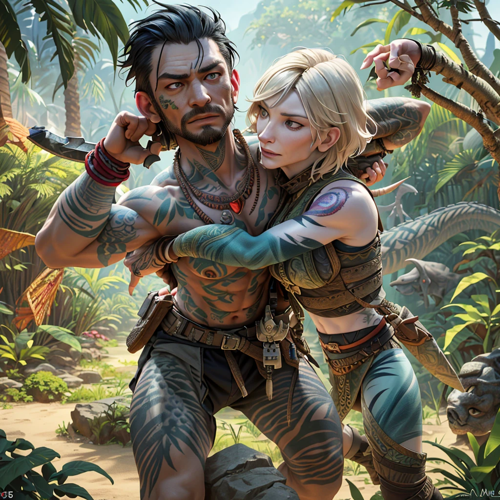 (A savage warrior woman (cate blanchett(25)) covered only in tattoos and extensive tribal body paint, unclad) armed with subdual weapons, is stalking man sized dinosaurs to capture and tame, jungle,(best quality,4k,8k,highres,masterpiece:1.2),ultra-detailed,(realistic,photorealistic,photo-realistic:1.37),detailed eyes,detailed lips,extremely detailed face,longeyelashes,intricate tattoos,tribal body paint,subdual weapons,man sized dinosaurs,lush jungle environment,dramatic lighting,dynamic pose,powerful expression