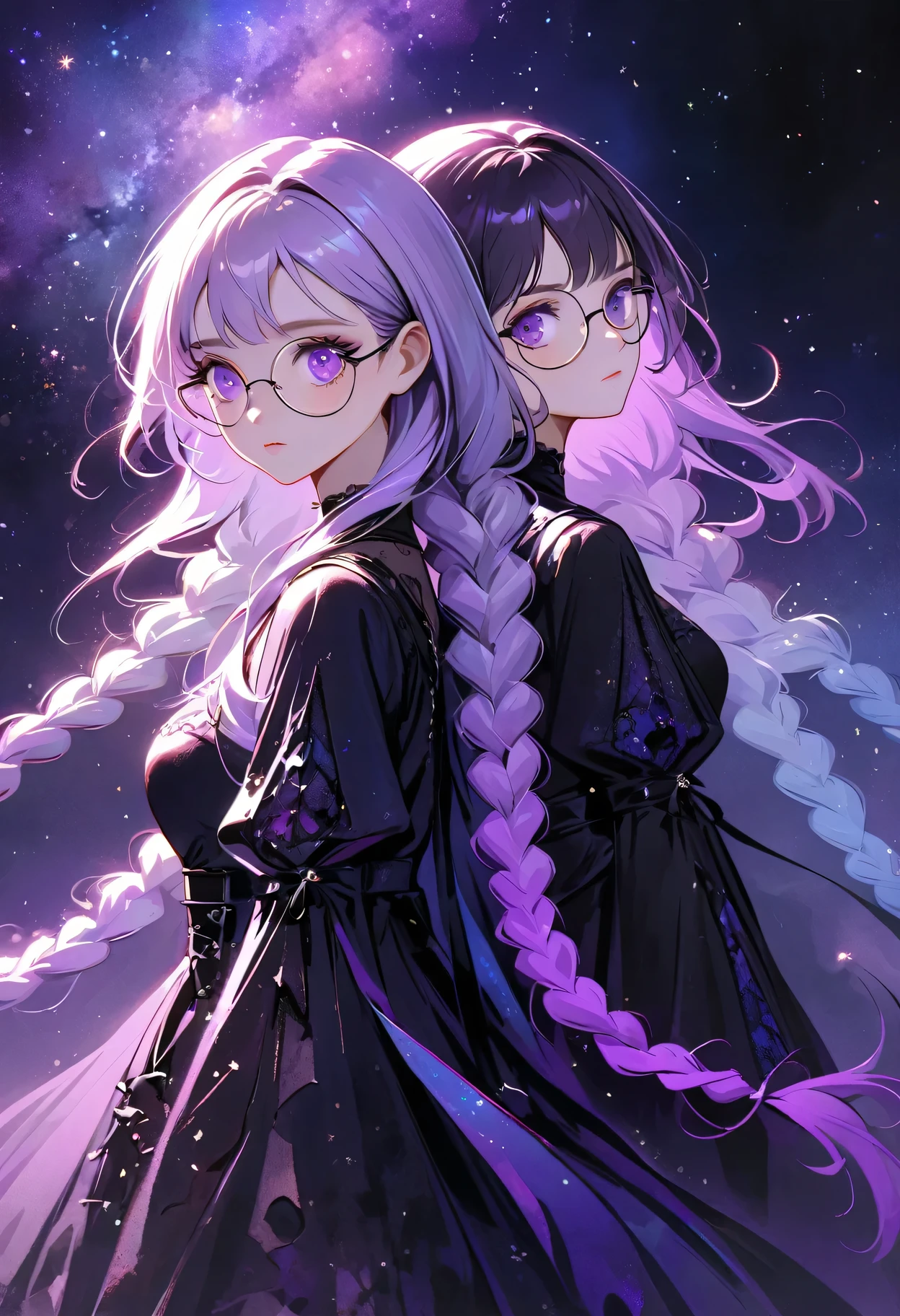 rough texture,Hand drawn style:A couple standing back to back,Fractal Art,yinji,Purple Hair,Purple Eyes,Long hair,Double braid,Gradient hair,Gothic style clothing,Lace,Dark Fantasy,Dramatic lighting,cinematic composition, ,Theatrical atmosphere,Chiaroscuro,Gothic,Melancholy,mystery,Ethereal atmosphere,universe,Psychedelic,dream,fear,Milky Way, Night sky, Round glasses, Star,