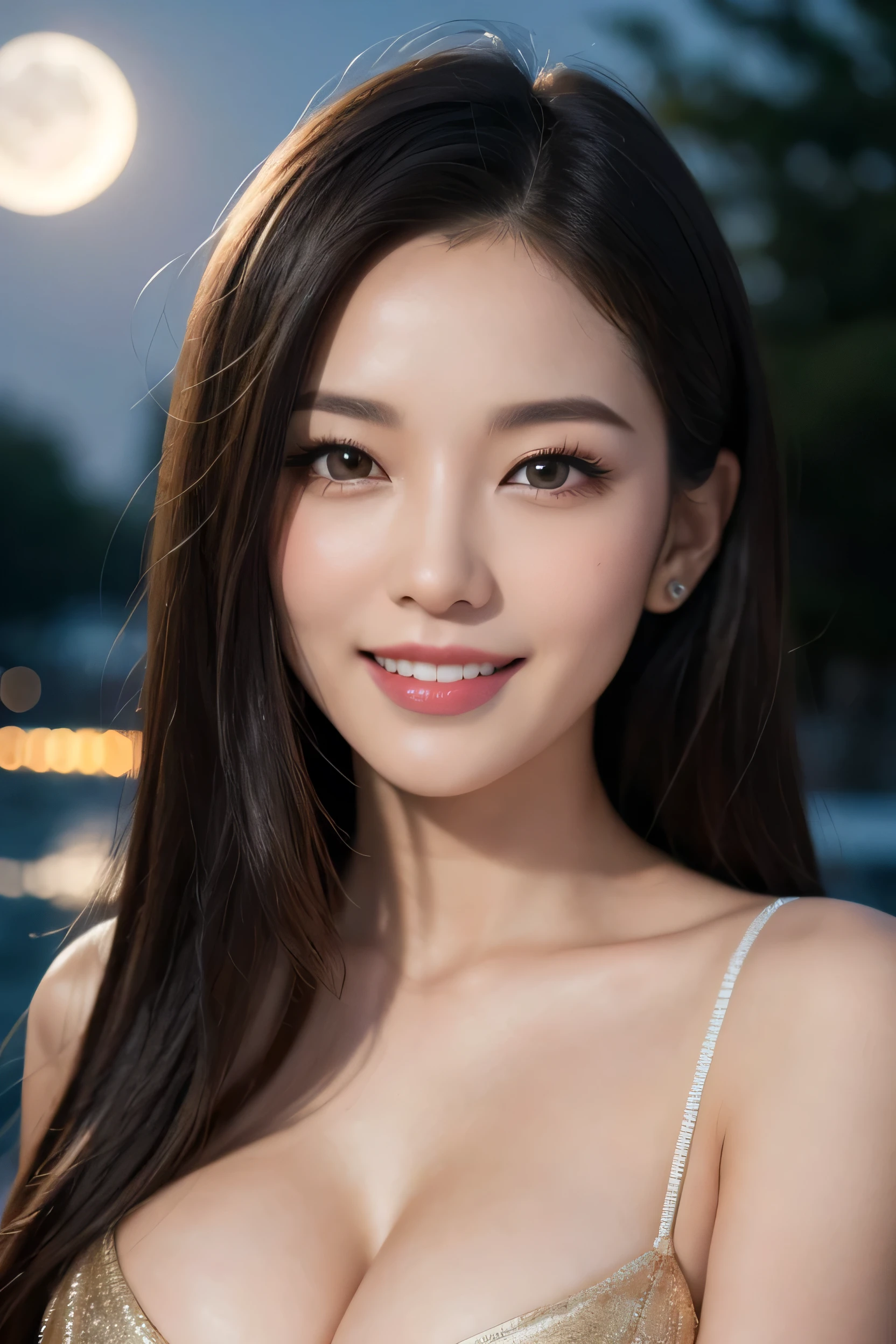 Body portrait, 8K, thin and beautiful eyes, Dindal effect, masterpiece, top quality, high quality, high resolution, very detailed photo, (natural skin texture, fine skin, hyper realism, super sharpness), high detail skin, (very fine) ), fine skin texture, fine detail, beautiful face, (realistic face), realistic eyes, beautiful and detailed eyes, realistic skin, beautiful skin, surreal, high definition Golden ratio, double eyelids, cute smile, smiling, bursting with laughter, smiling eyes, ((moonlight background at night)) ), body portrait, G cup, big breasts, big breasts, big breasts, glamorous, sexy knit dress,