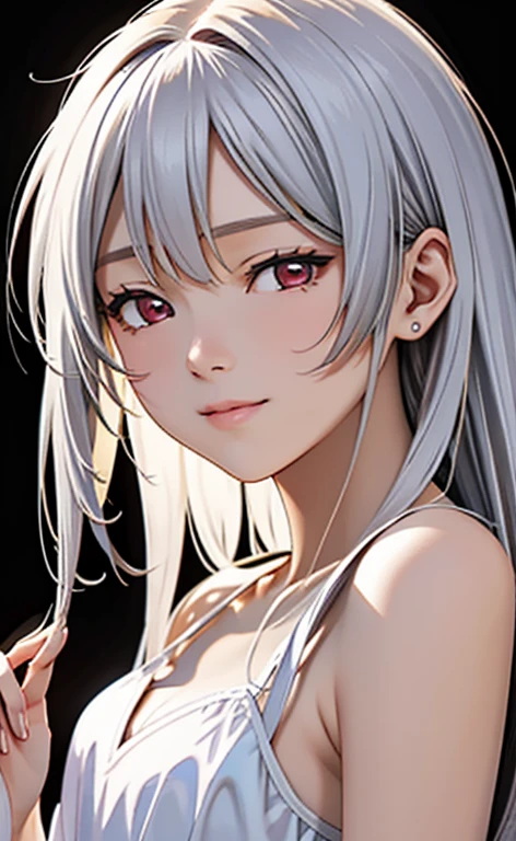 (Photorealistic:1.4)、asuna,(masterpiece、lens flare:1.5、spot light:1.2、Exquisite beautiful eyeonochrome:1.5,portlate、)、Cute Face、 3D Face、(white hair:1.5、Straight Hair)、(1 Girl)、(Red eyes:1.2)、(upper body)、(Sundress)、 (Cute face:1.2),(light smile:1.2),(half closed eyes:1.5),kind face,(Small breasts),(black background:1.5)、(glowing eyes:1.3)、()、 Neat and clean、Adorable、Slim Body(Tareme:1.5),Shiny Hair、(Glowing pink Skin)、Nijisketch,Manga,zydG