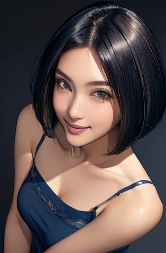 (masterpiece), (8k, best quality, high resolution), (ultra-detailed, realistic), (anatomically correct),
((from above)), ((look up and see the viewer)),
((face close-up)), (Standing), (No background),
(1woman),
(A Japanese woman, 30 years old and 155cm tall.),
((Carefully describe the right eye)),
(((Wear a navy blue tunic camisole))), ((A camisole without decoration.)),
(black hair), (straight hair), (short hair style), ((bob cut)),
((smile broadly)),
(Her impression is pure, clean and kind.),