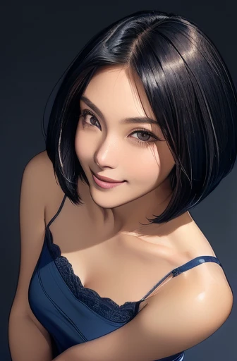 (masterpiece), (8k, best quality, high resolution), (ultra-detailed, realistic), (anatomically correct),
((from above)), ((look up and see the viewer)),
((face close-up)), (Standing), (No background),
(1woman),
(A Japanese woman, 30 years old and 155cm tall.),
((Carefully describe the right eye)),
(((Wear a navy blue tunic camisole))), ((A camisole without decoration.)),
(black hair), (straight hair), (short hair style), ((bob cut)),
((smile broadly)),
(Her impression is pure, clean and kind.),
