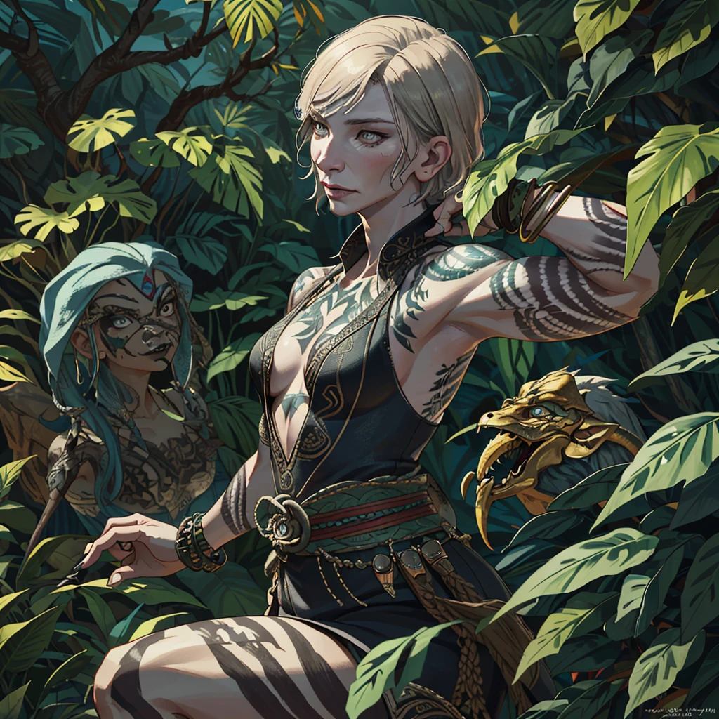 (A savage warrior woman (cate blanchett(25)) covered only in tattoos and extensive tribal body paint, unclad) armed with subdual weapons, is stalking man sized dinosaurs to capture and tame, jungle,(best quality,4k,8k,highres,masterpiece:1.2),ultra-detailed,(realistic,photorealistic,photo-realistic:1.37),detailed eyes,detailed lips,extremely detailed face,longeyelashes,intricate tattoos,tribal body paint,subdual weapons,man sized dinosaurs,lush jungle environment,dramatic lighting,dynamic pose,powerful expression