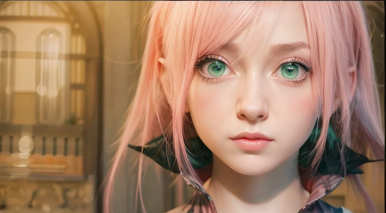 young woman, short shoulder-length pink hair, wide forehead, porcelain skin, pink eyebrows, big emerald green eyes, buttoned nose, full lips, heart-shaped face, slender body, small breasts, red tank top, Sakura Haruno , realistic, realism, details, 3d, well detailed
