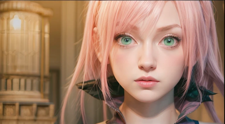 young woman, short shoulder-length pink hair, wide forehead, porcelain skin, pink eyebrows, big emerald green eyes, buttoned nose, full lips, heart-shaped face, slender body, small breasts, red tank top, Sakura Haruno , realistic, realism, details, 3d, well detailed