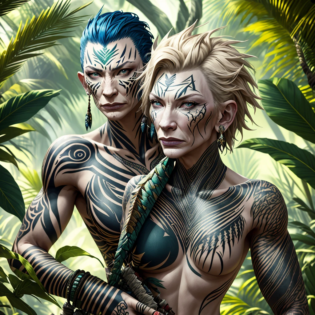 (A savage warrior woman (cate blanchett(25)) covered only in tattoos and extensive tribal body paint, unclad) armed with subdual weapons, is stalking man sized dinosaurs to capture and tame, jungle,(best quality,4k,8k,highres,masterpiece:1.2),ultra-detailed,(realistic,photorealistic,photo-realistic:1.37),detailed eyes,detailed lips,extremely detailed face,longeyelashes,intricate tattoos,tribal body paint,subdual weapons,man sized dinosaurs,lush jungle environment,dramatic lighting,dynamic pose,powerful expression
