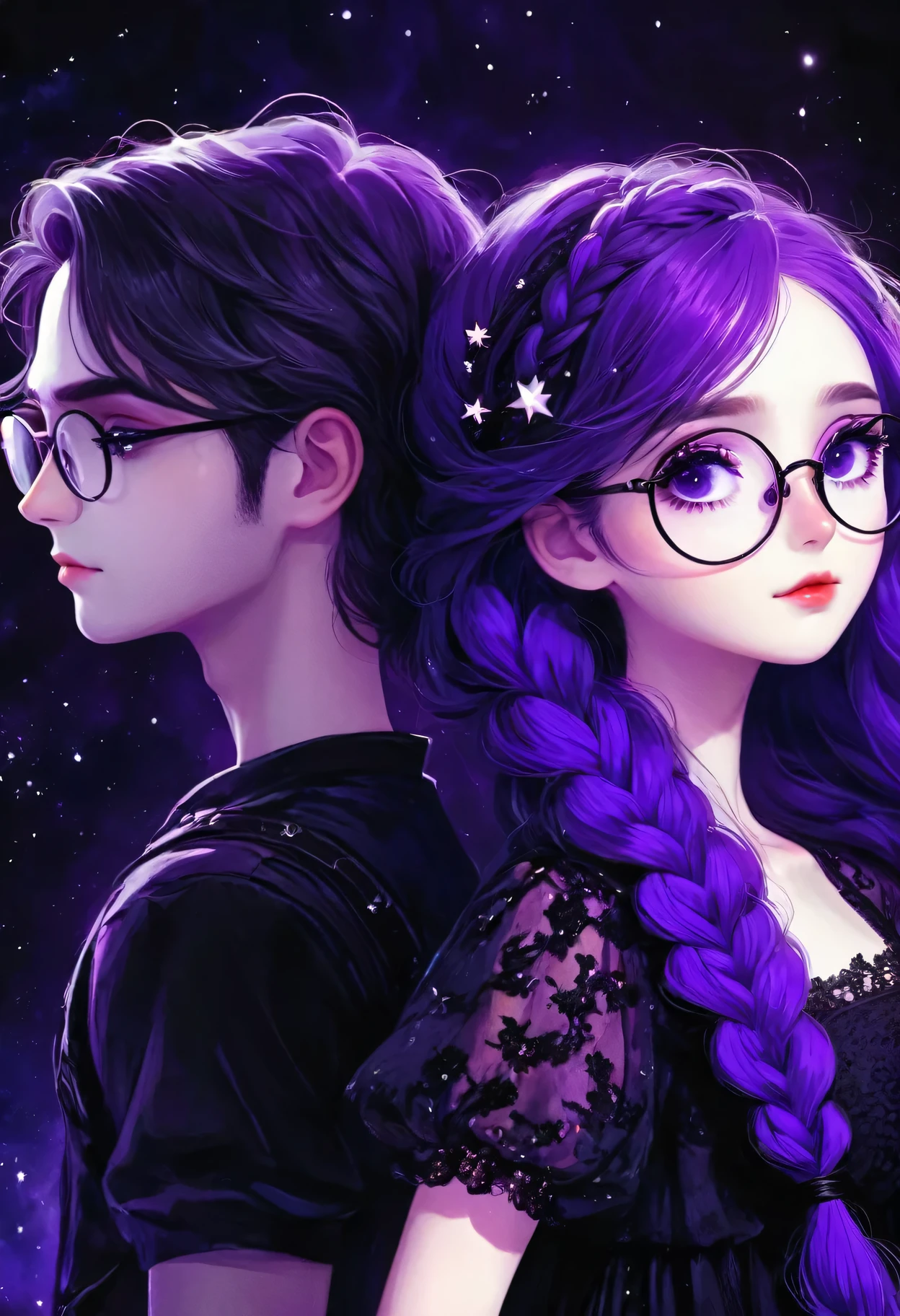 rough texture，Hand drawn style：A couple standing back to back，Fractal Art，yinji，Purple Hair，Purple Eyes，Long hair，(Double braid)，Gradient hair，Gothic style clothing，Lace，Dark Fantasy，Dramatic lighting，cinematic composition, ，Theatrical atmosphere，Chiaroscuro，Gothic，Melancholy，mystery，Ethereal atmosphere，universe，Psychedelic，dream，fear，Milky Way, Night sky, Round glasses, Star,