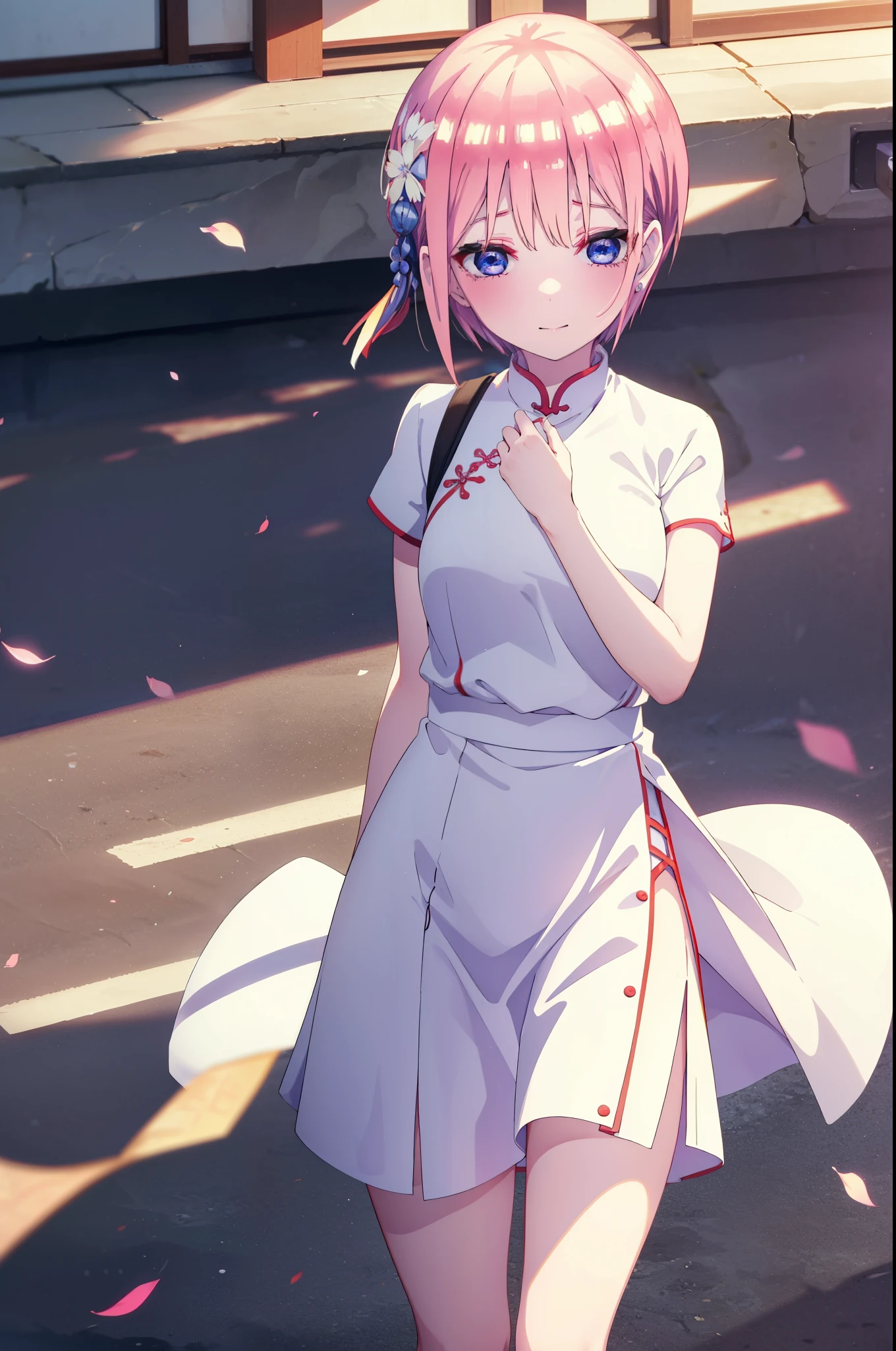 ichikanakano, ichika nakano, short hair, bangs, blue eyes, Hair between the eyes, Pink Hair, smile,smile,blush,Open your mouth,White cheongsam,White China Slit,Black pantyhose,Stiletto heels,Put your arms behind your back and look,
break ourdoors, Chinese-style cityscape,
break (masterpiece:1.2), highest quality, High resolution, unity 8k wallpaper, (shape:0.8), (Fine and beautiful eyes:1.6), Highly detailed face, Perfect lighting, Highly detailed CG, (Perfect hands, Perfect Anatomy),
