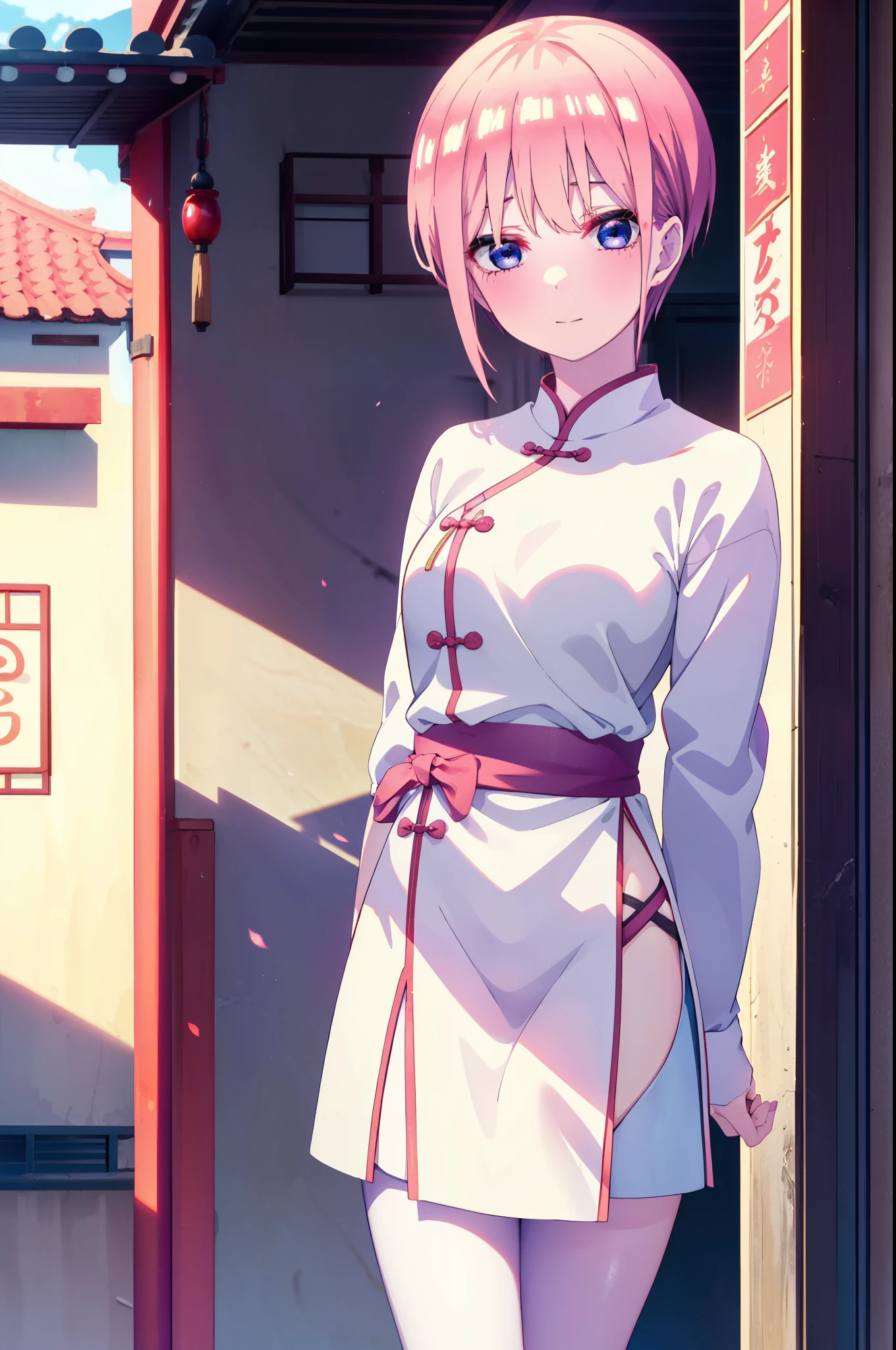 ichikanakano, ichika nakano, short hair, bangs, blue eyes, Hair between the eyes, Pink Hair, smile,smile,blush,Open your mouth,White cheongsam,White China Slit,Black pantyhose,Stiletto heels,Put your arms behind your back and look,
break ourdoors, Chinese-style cityscape,
break (masterpiece:1.2), highest quality, High resolution, unity 8k wallpaper, (shape:0.8), (Fine and beautiful eyes:1.6), Highly detailed face, Perfect lighting, Highly detailed CG, (Perfect hands, Perfect Anatomy),