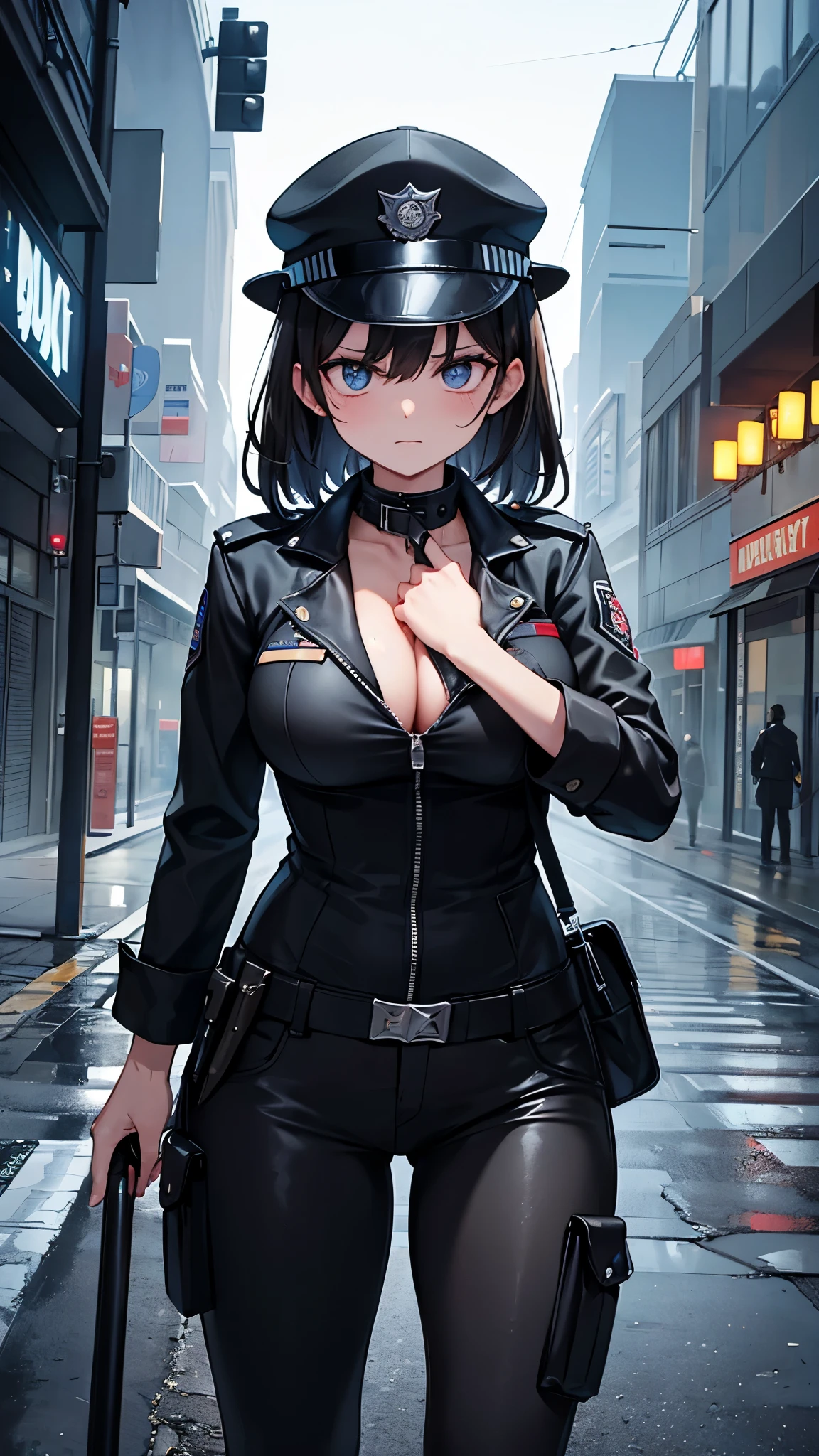 A brave police woman, Wearing a black leather outfit, Fits perfectly to the body, There is a shiny badge on the chest.. You can see the fatigue in his eyes, It takes determination and perseverance.. It stands in the middle of a deserted, dark street., There are high-rise buildings all around, creating an atmosphere of imminent danger. The dim lights of the city cast a mysterious shadow, Revealing only a few details: Puddle on the street, Wet from recent rain, Neon flash, Reflected in the window, Danger light flashing red. A setting that conveys a sense of urgency, When the officer looks directly at the viewer,, We are ready to face any challenge, The one who stands before them.((M cup bustsize))