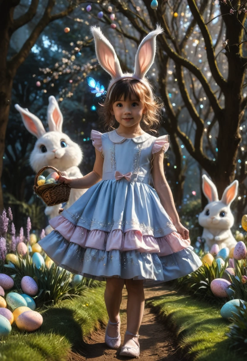 a cute girl with long fluffy rabbit ears, rabbit ears, The most beautiful amazing incredible stunning cutest baby rabbit searching for Easter eggs with a little happy human girl in an easter dress, fluffy, adorable, cute, hyperdetailed, cinematic, Easter egg hunt, sparkles, glitter, a midnight "garden covered in glitter, magic and sparks" : extreme detail : intricate motifs : by Bastien Lecouffe Deharme : jeremy mann : andree wallin : deep depth of field : bright dramatic lighting : craig mullins : radial : maximalist : deviantart : Ray Tracing : Yoshikata Amano; Edwin Landseer; Ismail Inceoglu; Russ Mills: Victo Ngai; Bella Kotak; 3d; intricate filigree : perfect composition