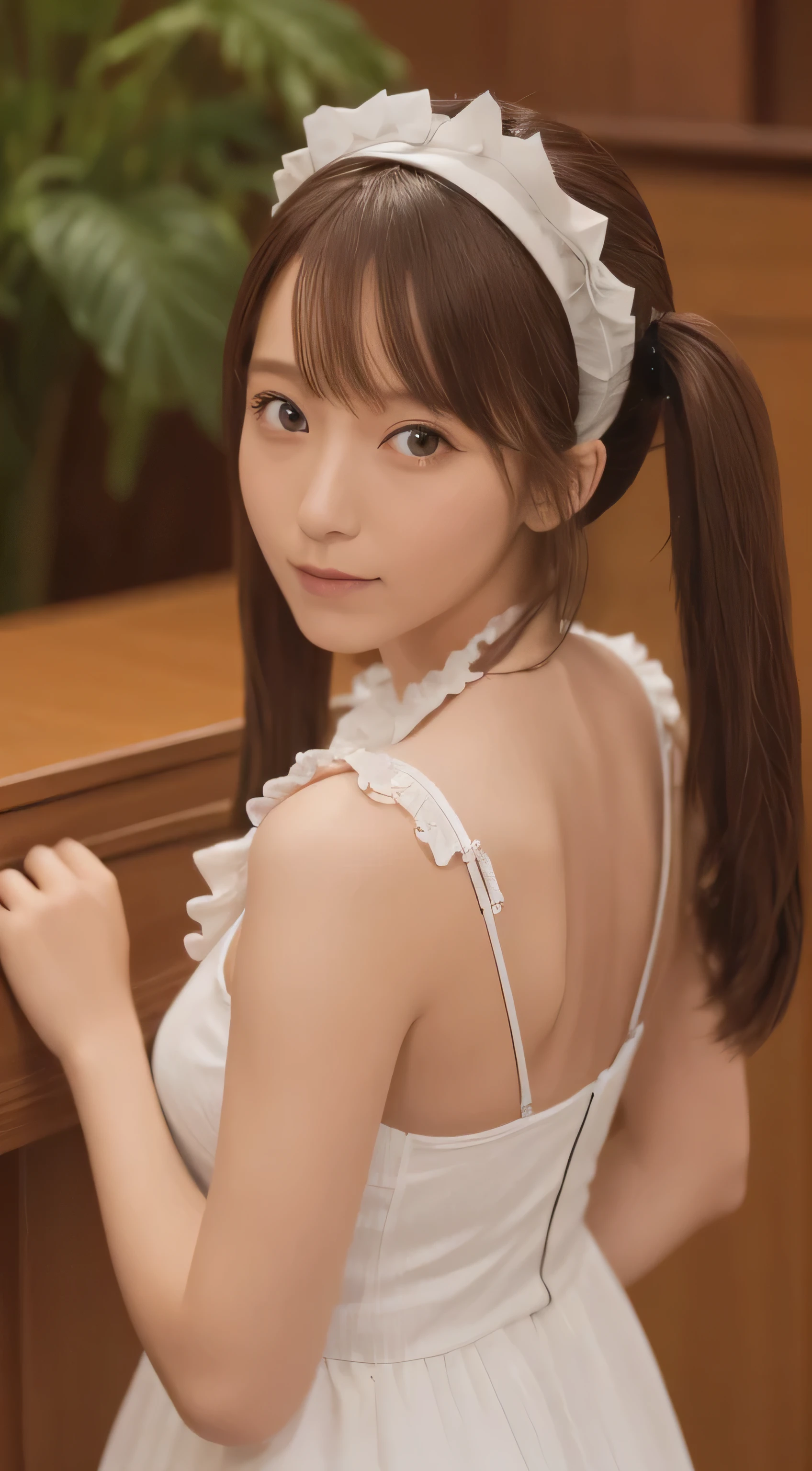 Tabletop, highest quality, shape, Very detailed, In detail, High resolution, 8k wallpaper, Perfect dynamic composition, ((close:1.3, From above, View your audience)), Beautiful details , (Wearing cotton maid clothes, , Cute Ruffle Girl Dress, Maid's headband, Base color is white、black、green),Twin tails