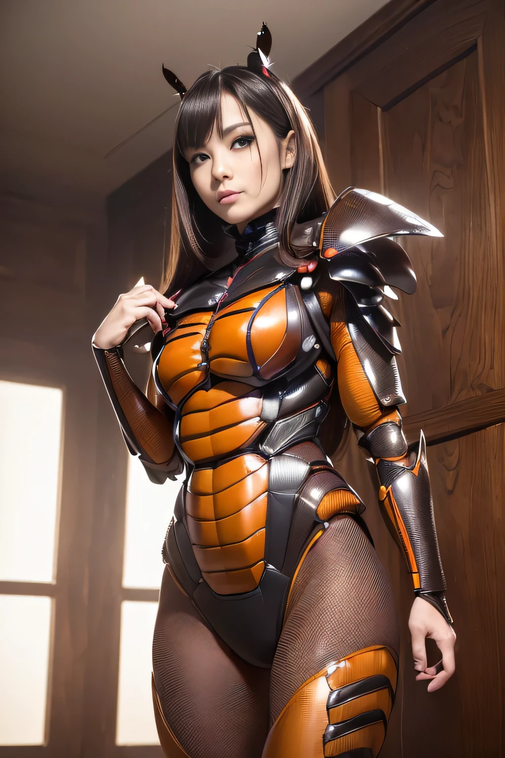 (high resolution,masterpiece,best quality,extremely detailed CG, anime, official art:1.4), realistic, photo, amazing fine details, all intricate, gloss and shiny,awesome many layers, 8k wall paper, 3d, sketch, kawaii, illustration,( solo:1.4), perfect female proportion,villainess, (fusion of dark brown cockroach and lady:1.4), (brown cockroach form lady:1.2), (brown cockroach lady:1.2), (fusion:1.2), (solo:1.4), (evil smile:1.2), muscular, abs, (cockroach brown exoskeleton bio insect suit:1.4), (cockroach brown exoskeleton bio insect armor:1.2), (brown transparency cockroach wing:1.4), (brown cockroach antennae:1.3),