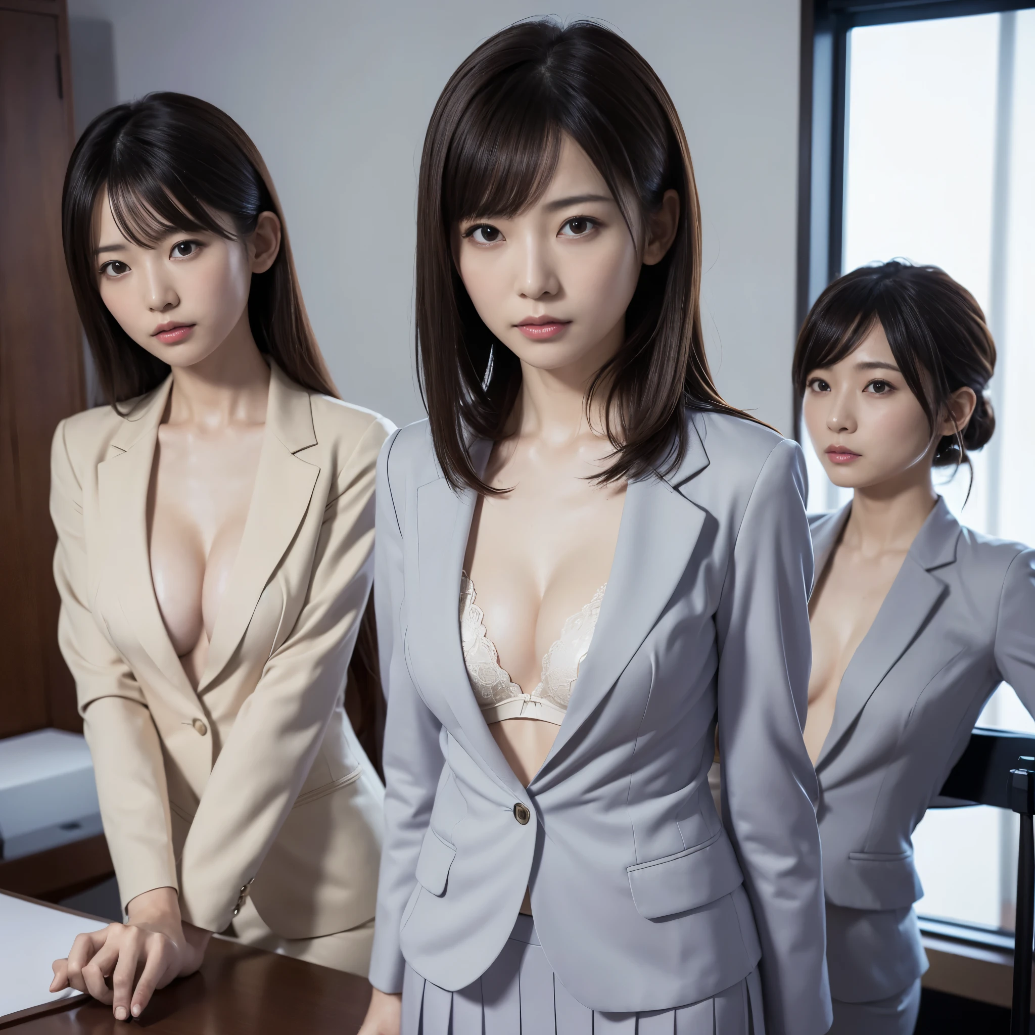 suit,2 lady,realistic,(ultra quality:1.2),japanese,high quality,masterpiece,(ultra detailed:1.4),60yo japanese lady,beautiful face,(real bra under suit:1.1),(skirt-suit:1.1),((office)),(small breast:1.4),slender,highres,
