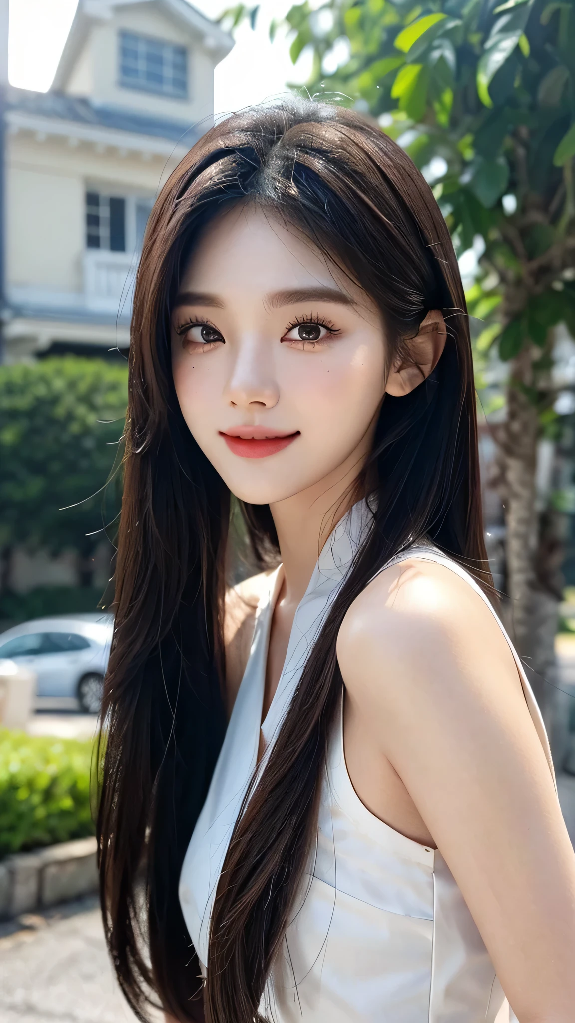 masterpiece、top-quality)、1 beautiful girl、((Wearing black sunglasses )), (Detailed beautiful eyes), ((Detailed skin)) , ((Detailed medium hair)), in the white villa、((Boyish Brown Medium Hair))、((Smaller face))、((Neutral face))、((Face seen from the side))、((Light brown eyes))、((Korean Girl))、((18year old))、((cool lady))、((A shy smile on his face))、((Korean Makeup))、((elongated and sharp eyes))、((Happy dating))、((boyish))、((Shot from the same height as your face)、full body , RAW photos, on the white villa ), ((CG rendering)), ((Blurred background)), ((16K)), ((Very detailed)), ((wallpaper)), ((depth of field)), ((movie light)), (( Ray tracing)).