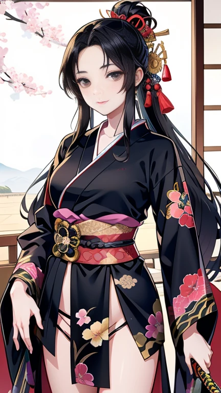 Young and beautiful girl in a Japanese room, sunny day, Long black hair, Black eyes, Black kimono, He has a sword on his waist,The kimono is open,are coming out,I can see your loincloth