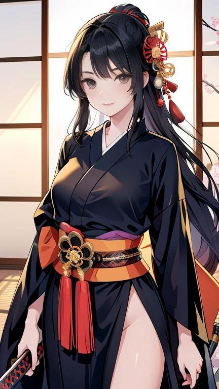 Young and beautiful girl in a Japanese room, sunny day, Long black hair, Black eyes, Black kimono, He has a sword on his waist,The kimono is open,are coming out,I can see your loincloth