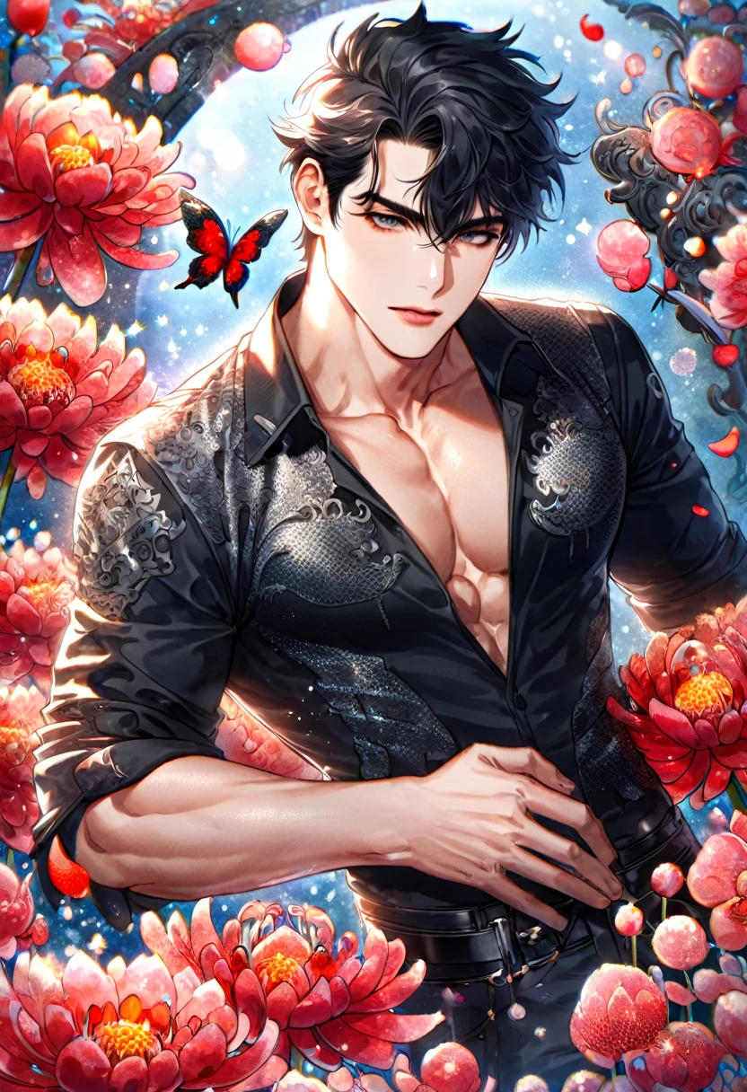 (absurdres, highres, ultra detailed, HDR) master piece, best quality, Yoo Joonghyuk, black hair, expressive gray eyes, omniscient reader's view point, solo, sexy man, hugging a small dragon, handsome, toned chest, black clothes, patterns, magical fantasy, red butterflies, glittering, sparkling, red spider lilies, petals, radiant