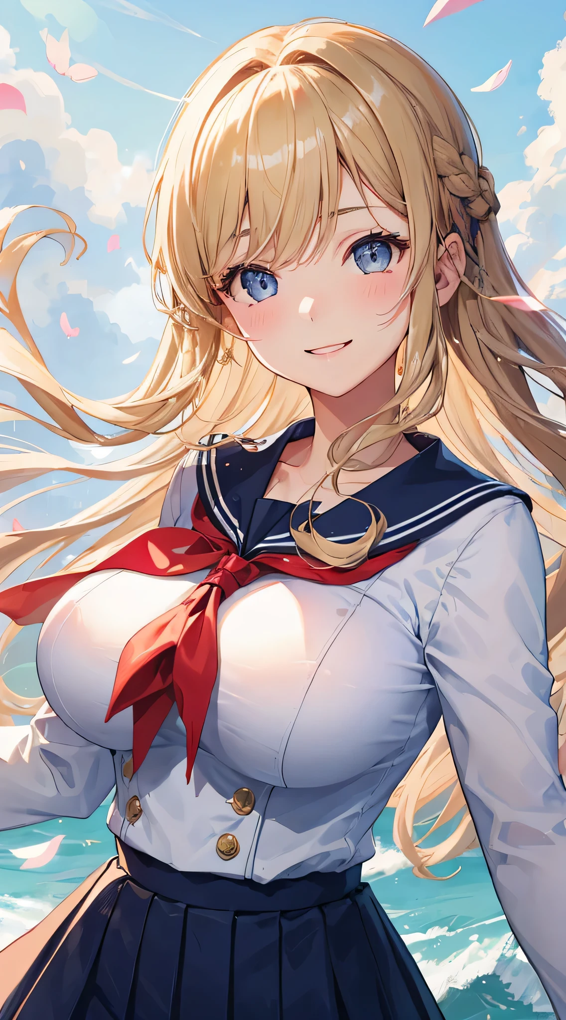 (highest quality, masterpiece),(One girl), Beautiful face with attention to detail, Long Hair, French Braid, Blonde Hair, Long Hair、Straight Hair、Fluttering in the wind、Red hairpin、smile、Grey Eyes, Beautiful, detailed eyes, Sparkling eyes,Drooping eyes、Cute face、(Big Breasts)、serafuku、Sailor suit