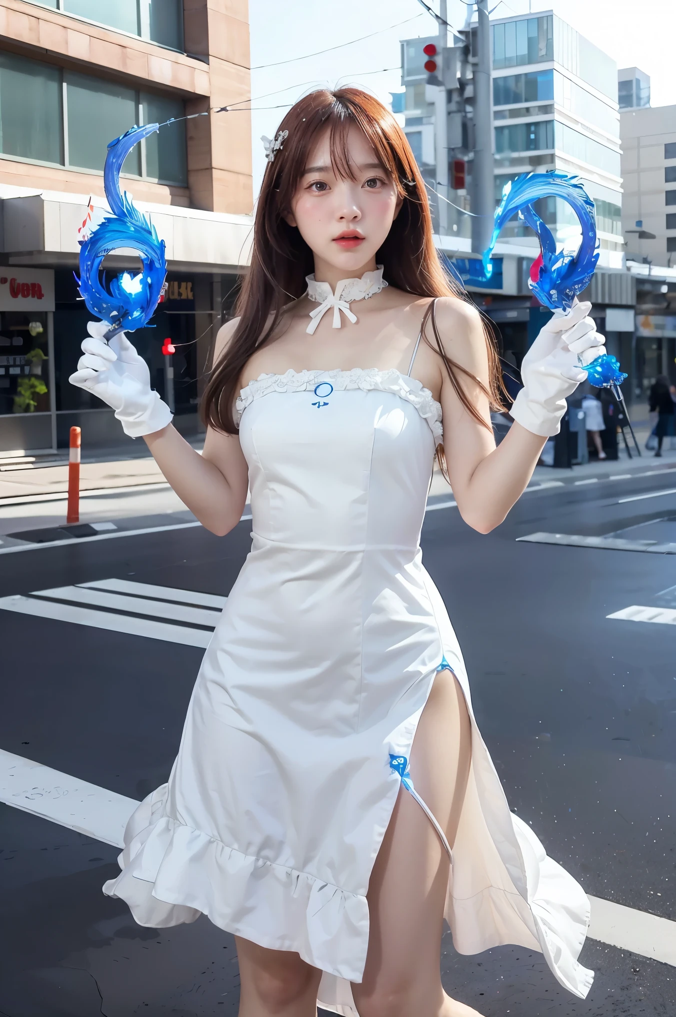 1 girl, height, Masterpiece, alone, anime, nonsense, detailed face, perfect eyes, light blue (fire symbol), upper body, full body, white dress, decorations, white gloves, city scenery, Holding, employee, sing