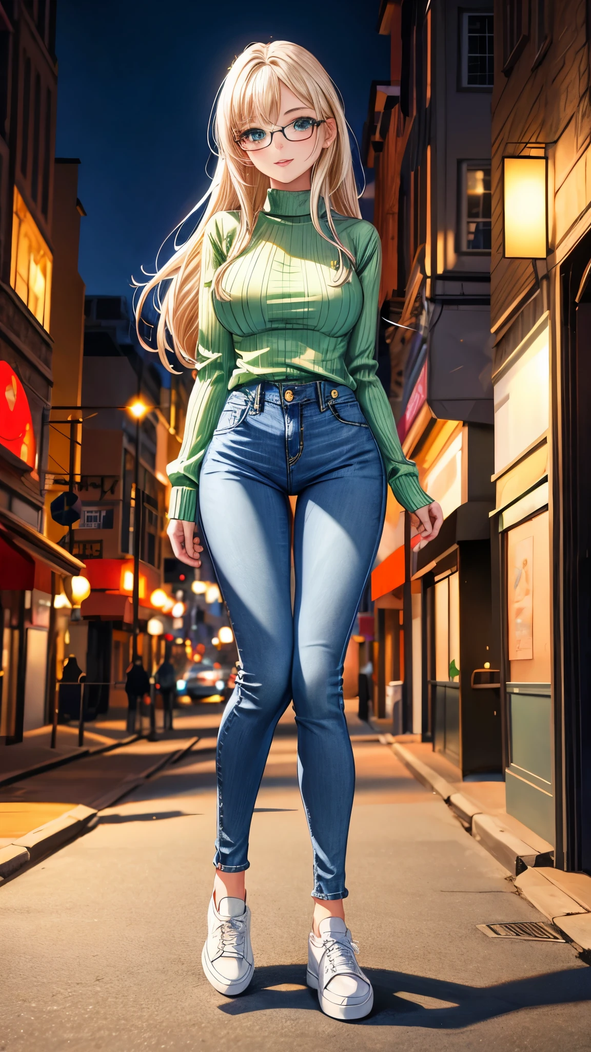 best quality, highres, 8k, masterpiece, immersive atmosphere, chiaroscuro:(1.5, bright light:1.2, luminous lighting), blurring, (background blur:1.5), 
(dynamic angle, seductive pose:1.2), outdoors, downtown, (legs focus, full body:1.5), delicate features, (beautiful face, beautiful eyes, beautiful legs), not safe for work, (opaque:1.5), high contrast, 
1girl, (solo), 20 years old, european, white skin, blonde hair, straight hair, long hair, forehead, blue eyes, reading glasses, bright lips, seductive smile, (slender figure:1.1), large breast, (green sweater:1.4), cropped wide sleeve, hard nipples, (jeans pants:1.4, skinny jeans:1.2, blue jeans:1.4), (white sneakers:1.2)
