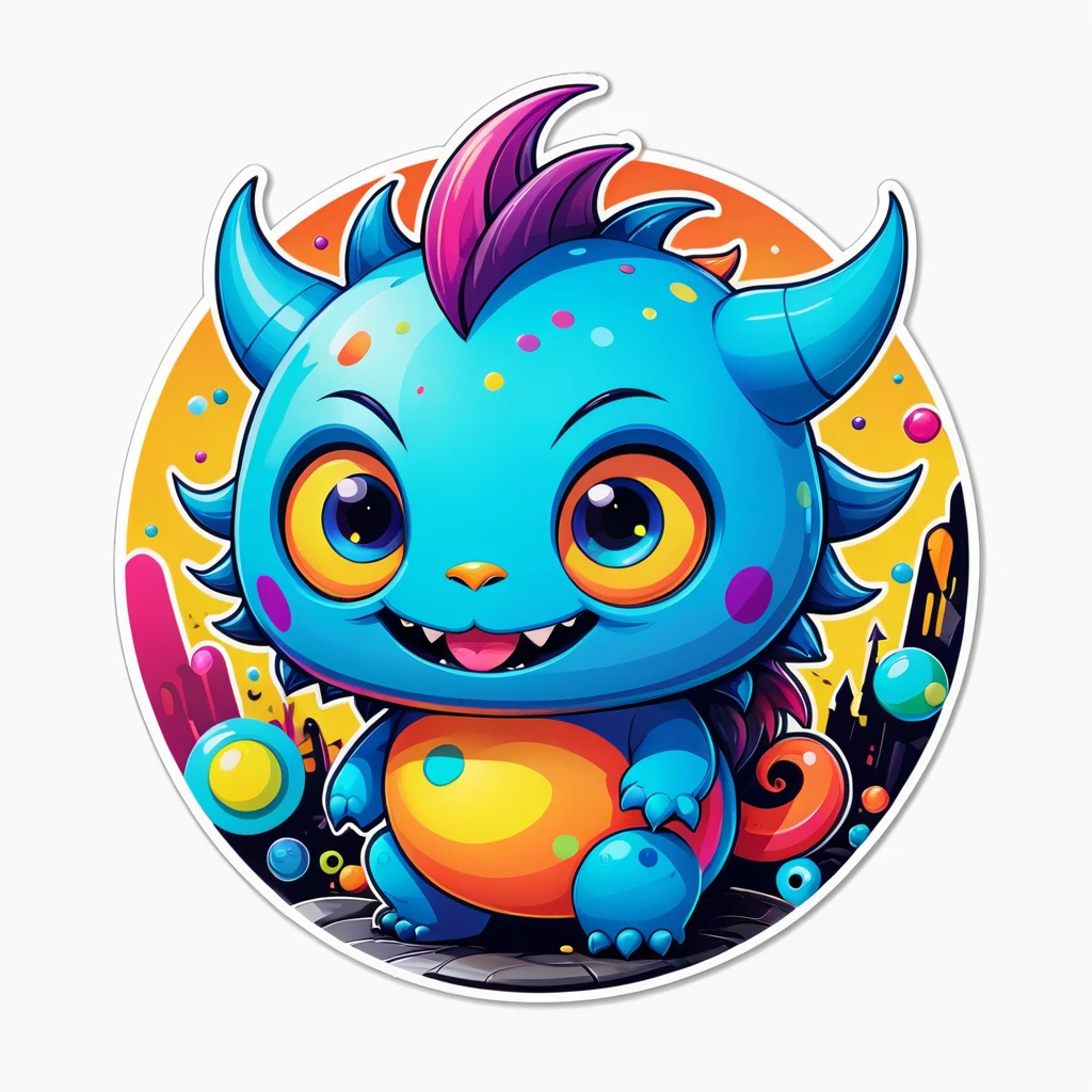 A cute monster, colorful, clutter, ultra detailed, mysterious, scary, perfect environment, die-cut sticker, logo, vector graphic, t-shirt design, no background, circle outline