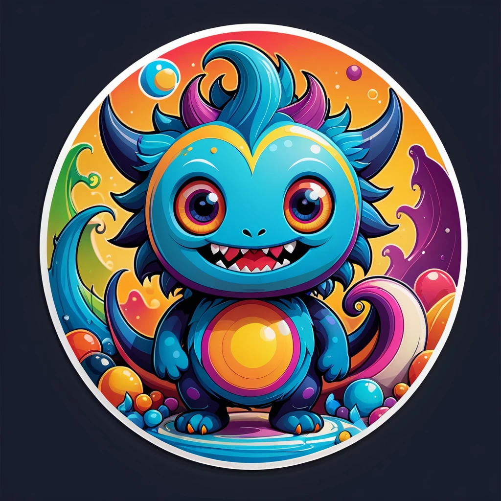 A cute monster, colorful, clutter, ultra detailed, mysterious, scary, perfect environment, die-cut sticker, logo, vector graphic, t-shirt design, no background, circle outline